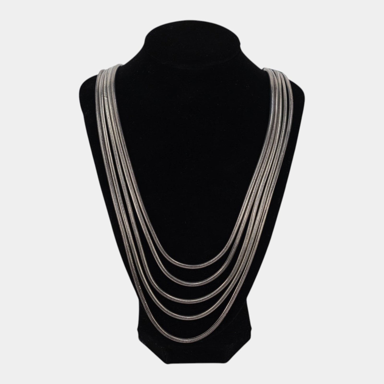 Sterling Silver 925 Multi Strand Draped Snake Chain Mid Century Modern Statement Necklace 9.3oz: Professional, fast, and affordable in house shipping available for all items.For higher resolution images please visit www.bid.craftedauctions.com Elegantly layered and fluidly cascading, this sterlin