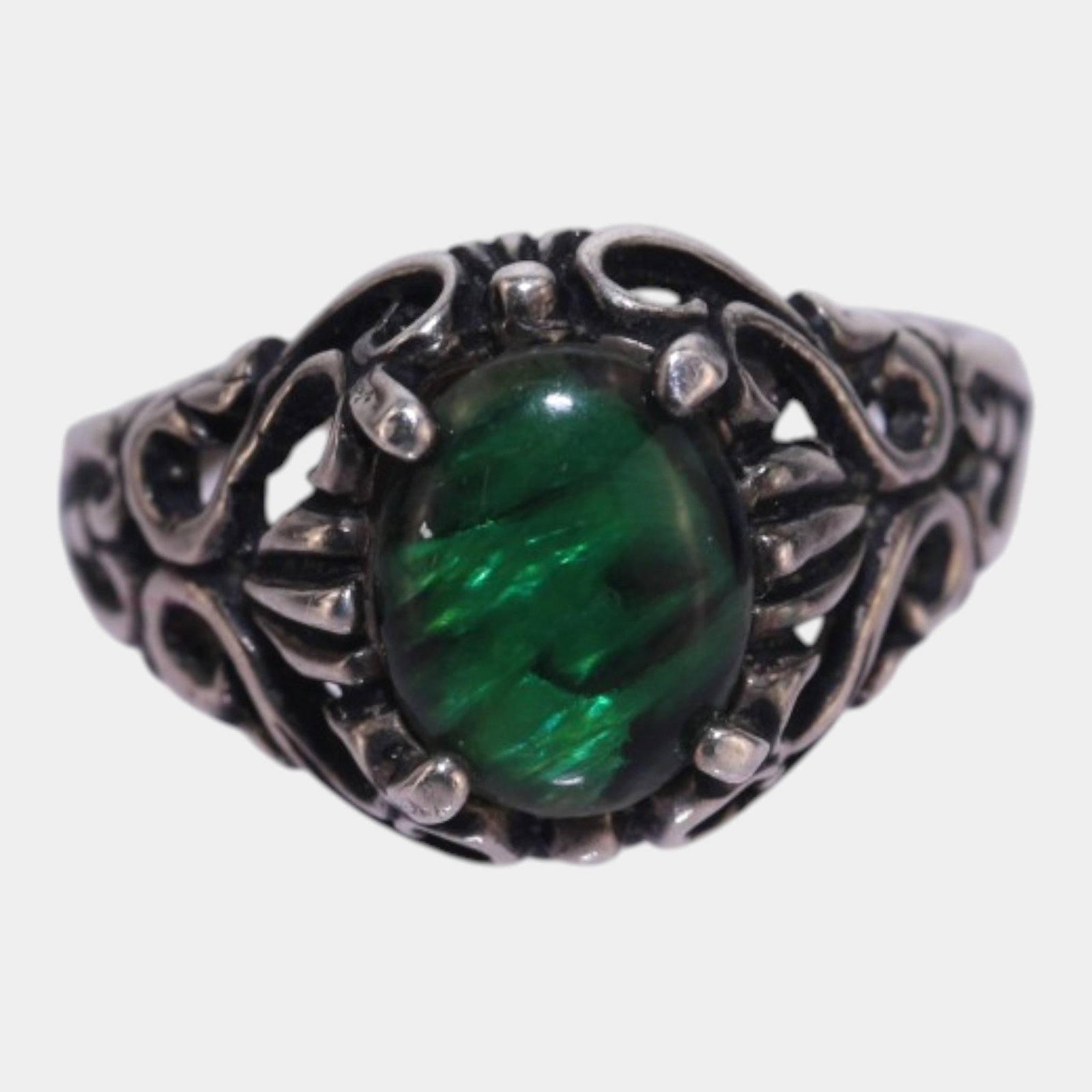 Atocha Shipwreck Silver Green Stone Art Nouveau Scrollwork Banded Ring Size 5.5: Professional, fast, and affordable in house shipping available for all items.For higher resolution images please visit www.bid.craftedauctions.com Boldly ornate and richly historic, this Atocha shipwr