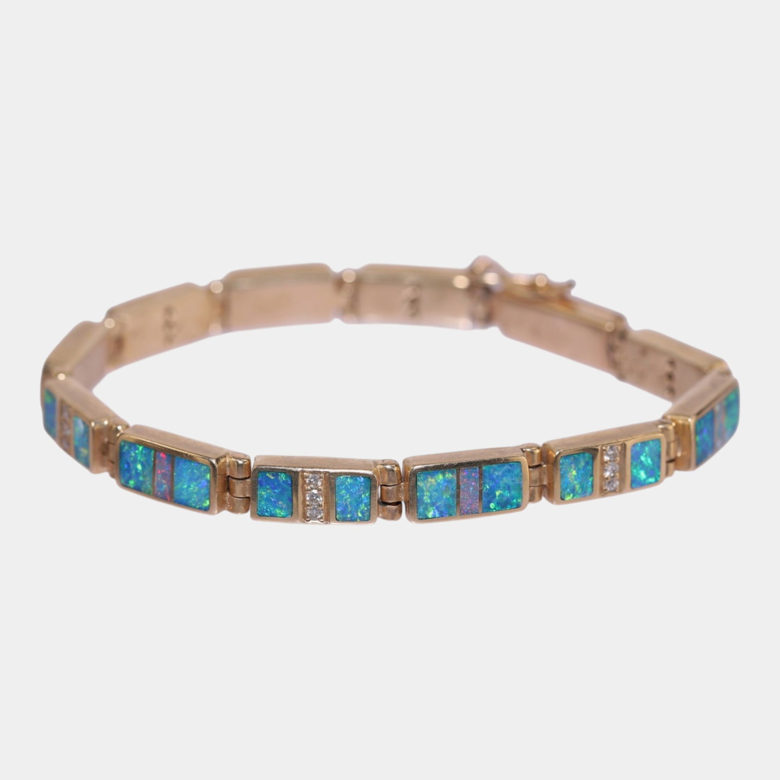 14K Yellow Gold, Diamond, & Australian Opal Inlay Link Bracelet Fine Jewelry Design (1 of 4)