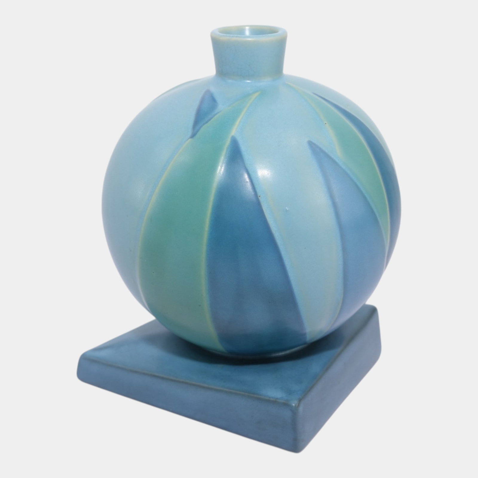 Roseville Futura Blue 1928 Vintage Art Deco Pottery Bamboo Leaf Ball Vase 387-7 (1 of 6)
