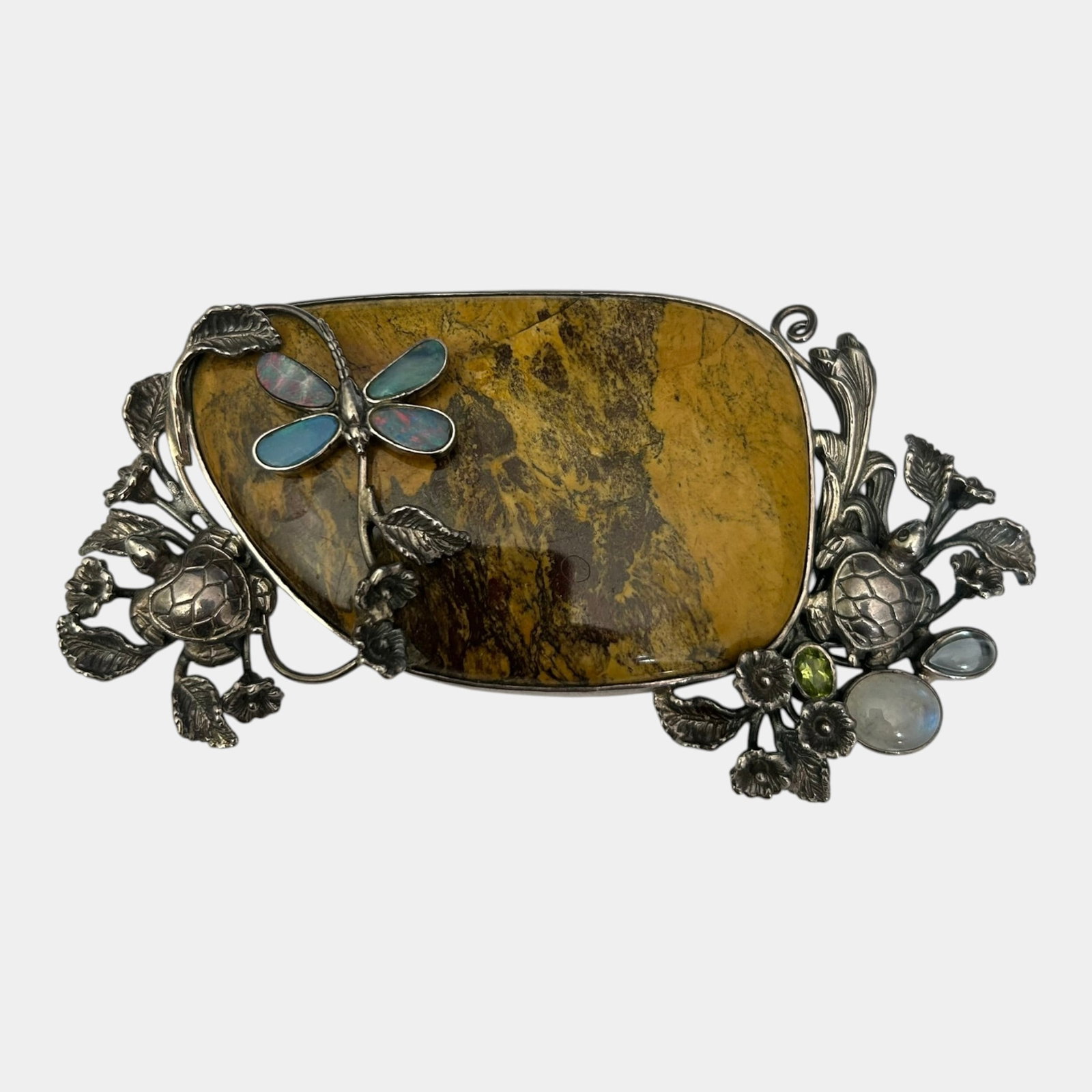 Massive Sterling Silver, Opal, Jasper, Peridot, & Crystal Wildlife Brooch Including Dragonfly,: Professional, fast, and affordable in house shipping available for all items.For higher resolution images please visit www.bid.craftedauctions.com Boldly designed, this sterling silver brooch pendant 