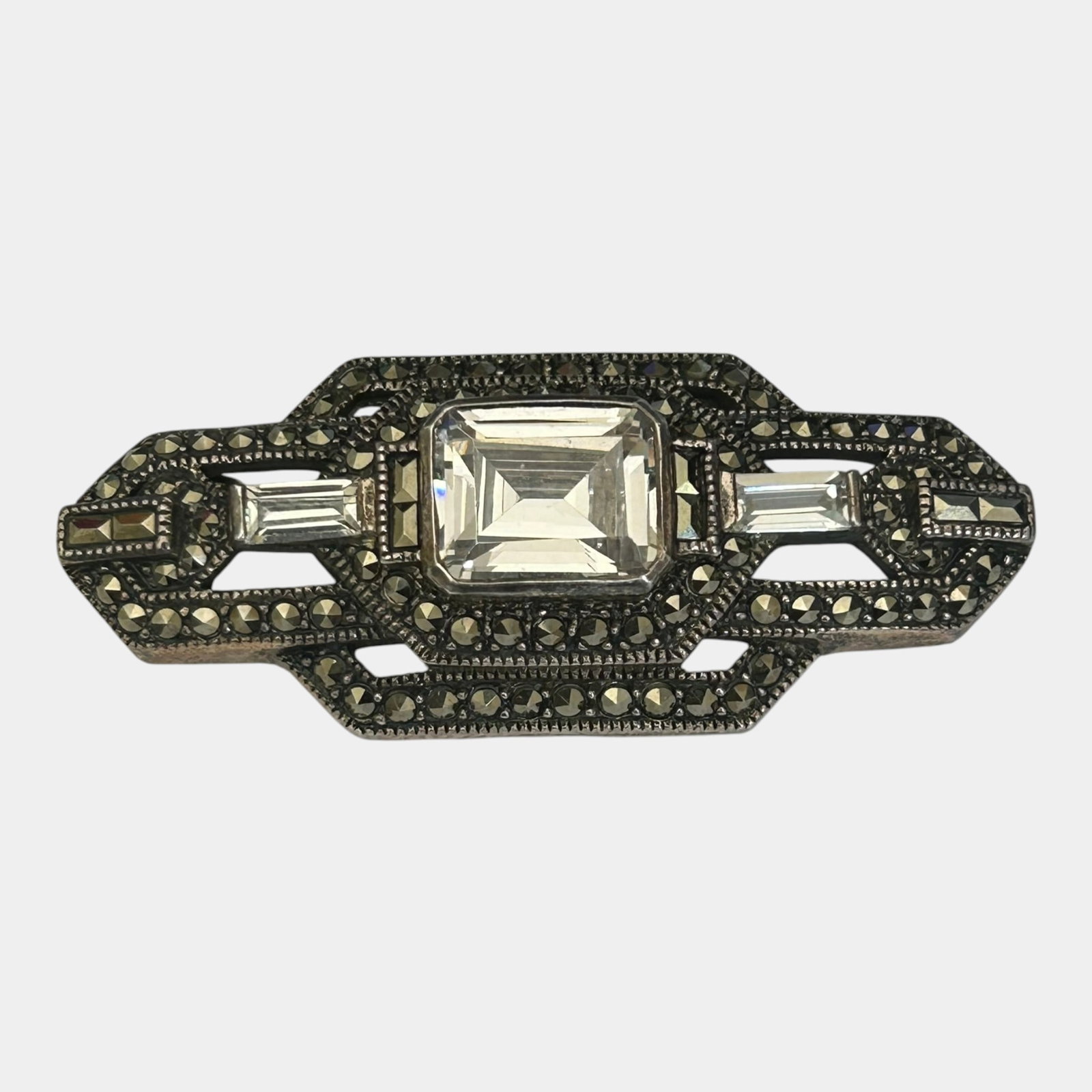 Judith Jack 1980s Sterling Silver, Marcasite, & Crystal Art Deco Revival Bar Brooch Pin: Professional, fast, and affordable in house shipping available for all items.For higher resolution images please visit www.bid.craftedauctions.com Judith Jack 1980s Sterling Silver, Marcasite, & Cryst