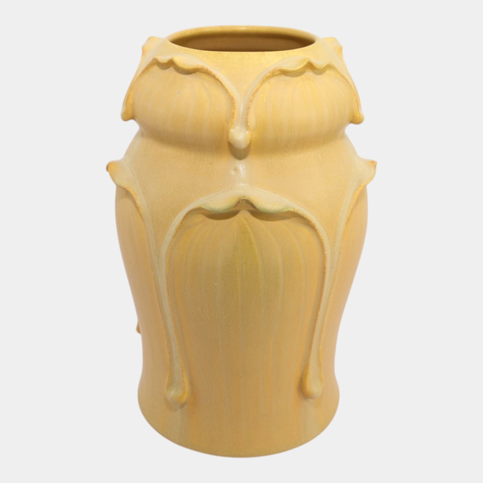 Door Studio Art Pottery Hand Thrown Yellow Grueby Style Leaf Ceramic Vase: Professional, fast, and affordable in house shipping available for all items.For higher resolution images please visit www.bid.craftedauctions.com Door Studio Art Pottery Hand Thrown Yellow Grueby Sty