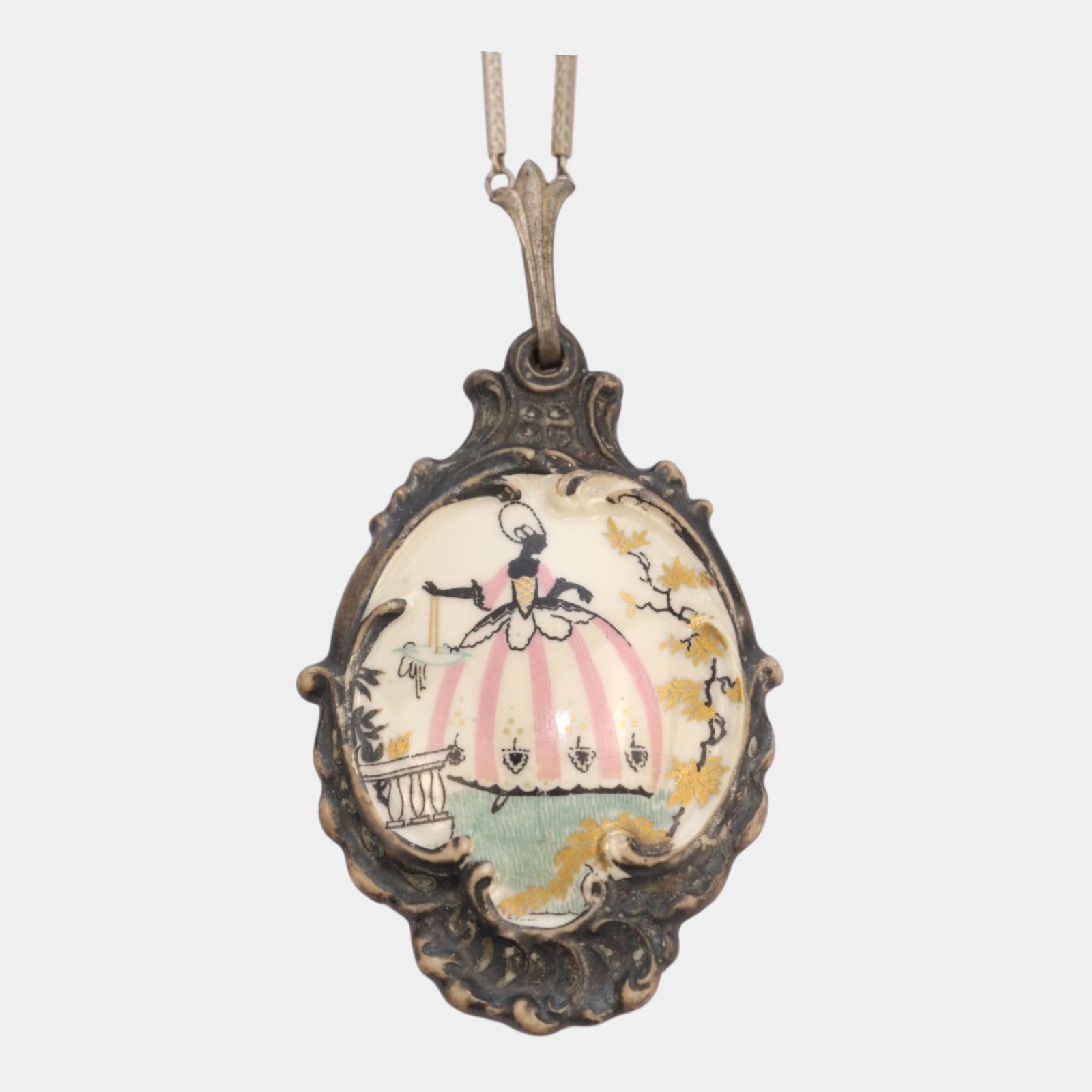 Rosenthal Porcelain Romantic Portrait Pendant Necklace With Ornate Metal Frame On Gold Tone Necklace: Professional, fast, and affordable in house shipping available for all items.For higher resolution images please visit www.bid.craftedauctions.com Elegantly decorative and finely detailed, this Rosent