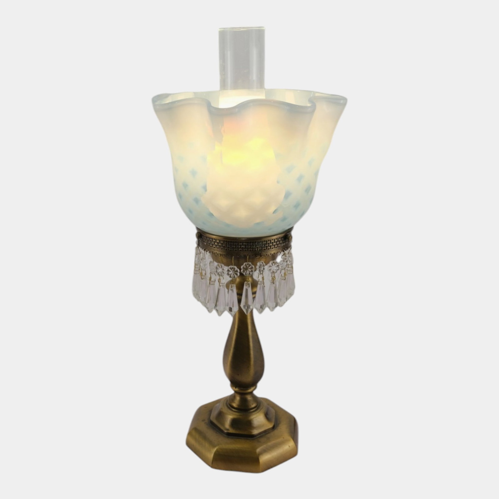 Fenton Blue Opalescent Criss Cross Pattern Handkerchief Shade And Metal Table Lamp Base With Hanging (1 of 8)