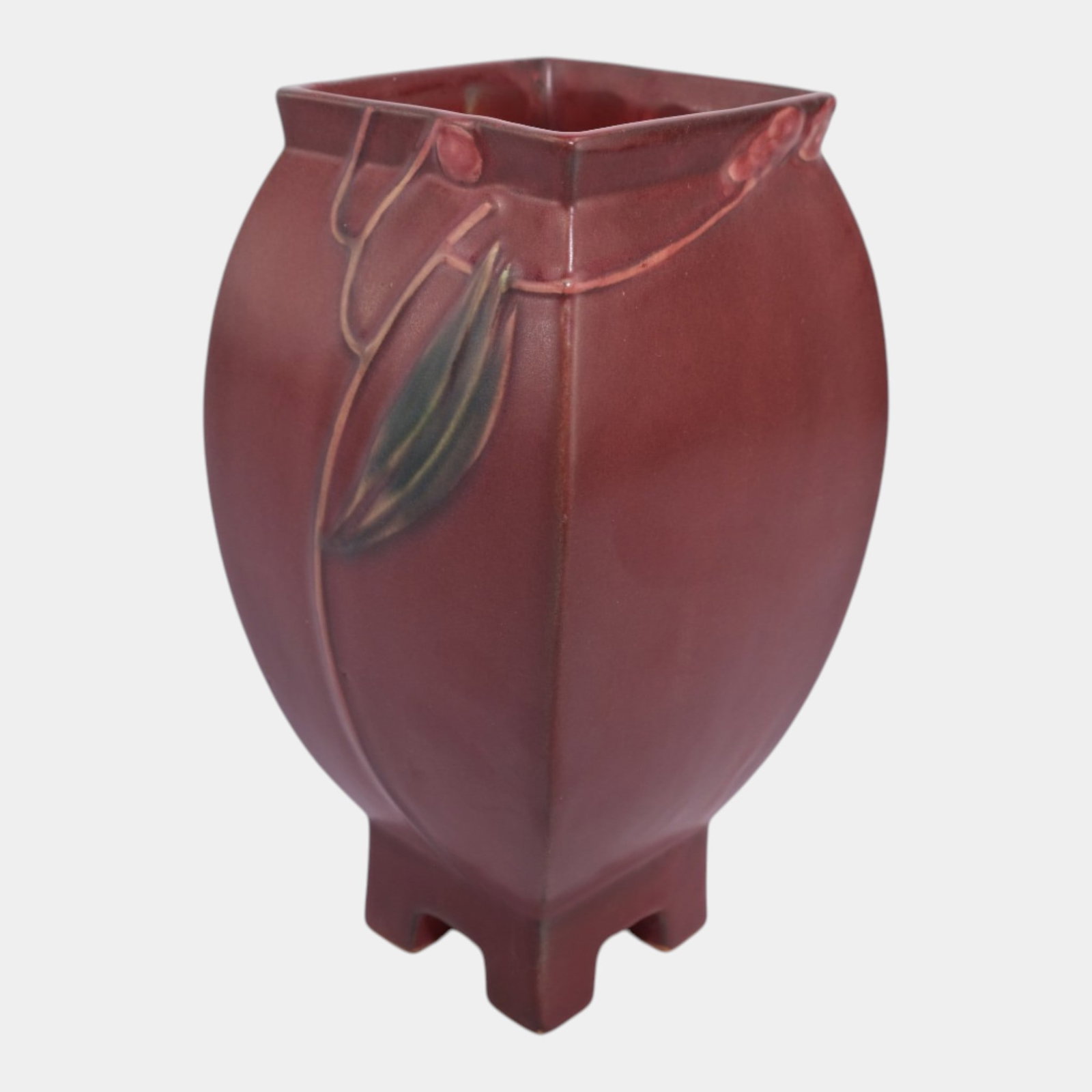 Roseville Futura Red 1928 Art Deco Pottery Ceramic Chinese Footed Vase 430-9: Professional, fast, and affordable in house shipping available for all items.For higher resolution images please visit www.bid.craftedauctions.com Roseville Futura Red 1928 Art Deco Pottery Ceramic Ch