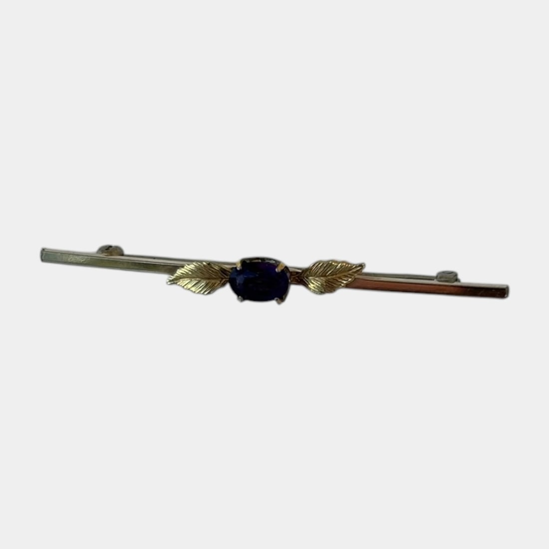 10K Yellow Gold Sapphire Cabochon Leaf Motif Bar Brooch Pin Art Nouveau Inspired Design (1 of 5)