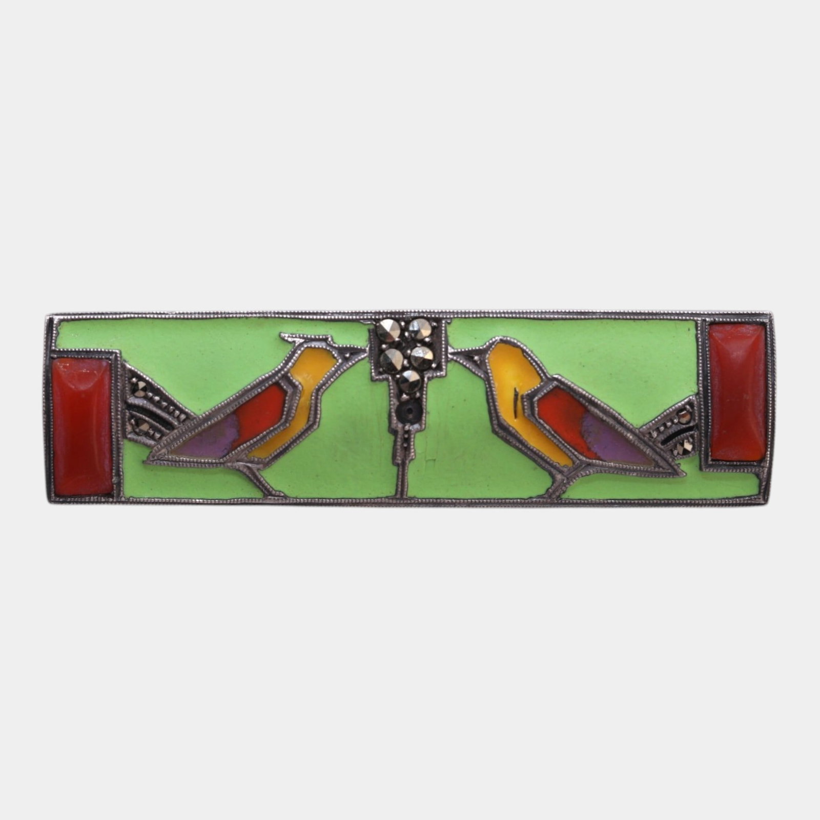 Pierre Bex Style German Art Deco Sterling Silver Enamel Lovebird Brooch Pin With Green GuillochÃ©: Professional, fast, and affordable in house shipping available for all items.For higher resolution images please visit www.bid.craftedauctions.com Boldly geometric and richly colored, this Art Deco st