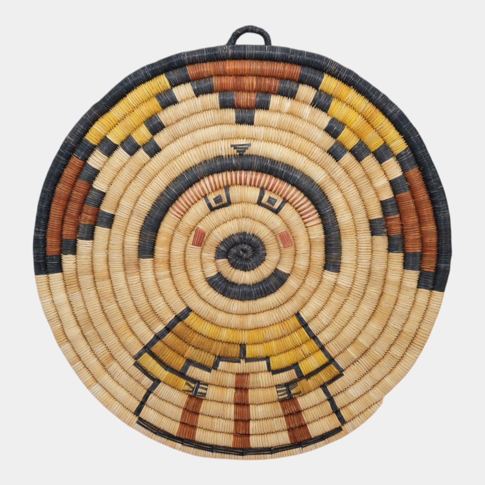 Hopi Second Mesa Coiled Brown Yellow Kachina Design Plaque Basket Tray (1 of 3)