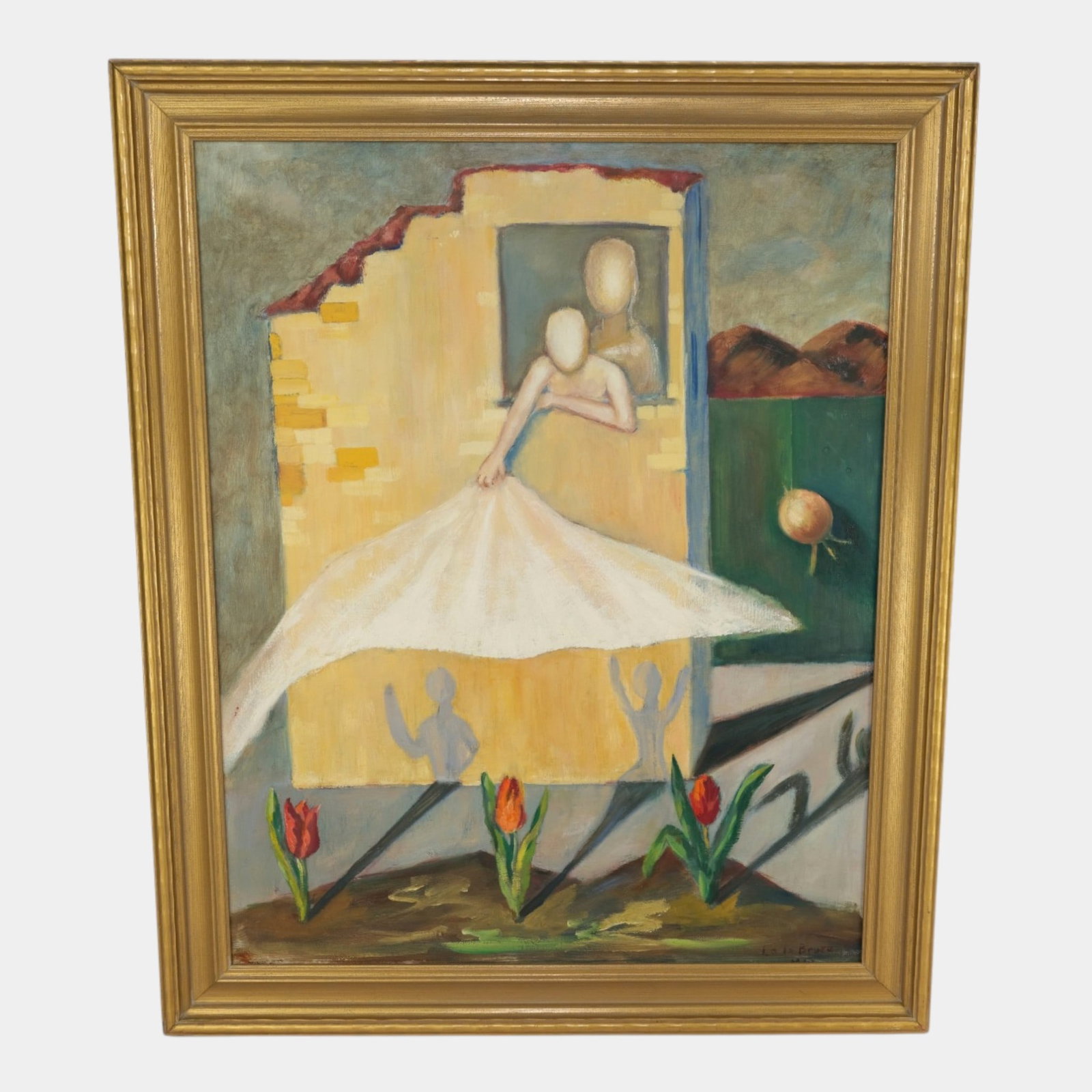Lola Bruce Regional Artist 1966 Mid Century Modern Abstract Figural Oil On Board Gold Gilt Framed: Professional, fast, and affordable in house shipping available for all items.For higher resolution images please visit www.bid.craftedauctions.com Lola Bruce Regional Artist 1966 Mid Century Modern Ab