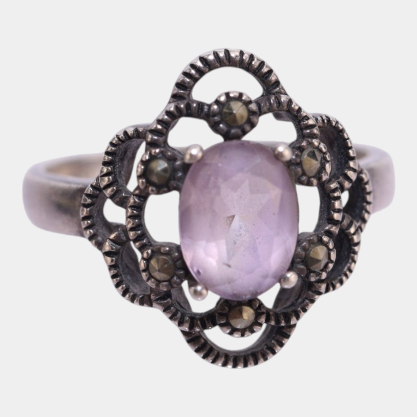 Tocara Designer Sterling Silver Rose Quartz & Marcasite Filigree Ring Size 5.5: Professional, fast, and affordable in house shipping available for all items.For higher resolution images please visit www.bid.craftedauctions.com Elegantly detailed and richly feminine, this Tocara s