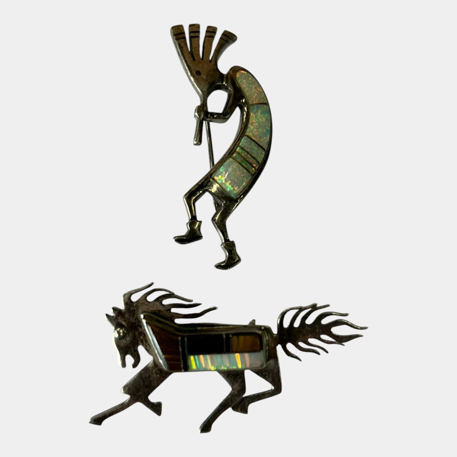Aaron Anderson Navajo Sterling Silver Horse Brooch With Sterling Kokopelli Inlaid Opal Brooch (1 of 5)
