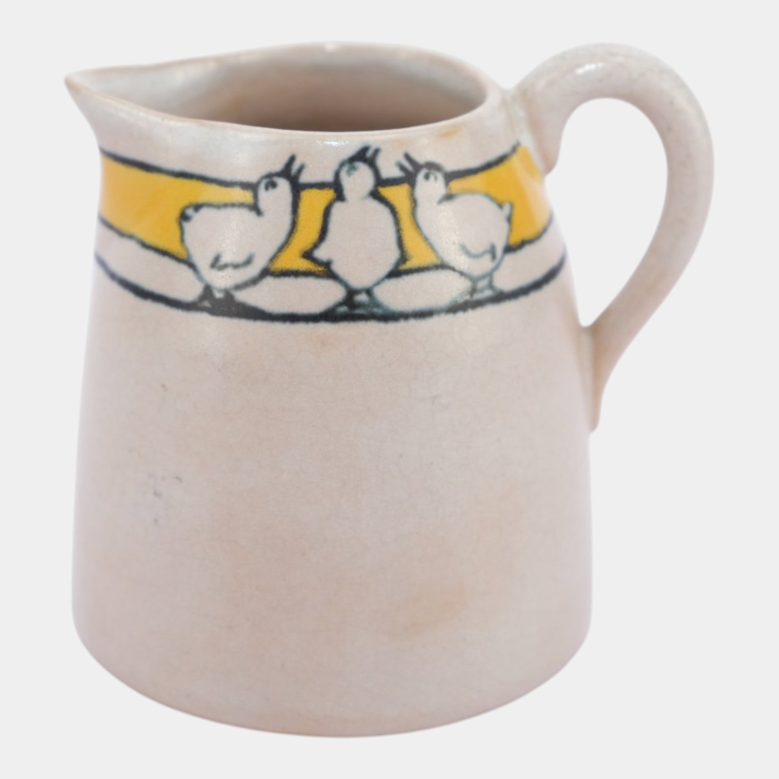 Paul Revere Saturday Evening Girls Pottery 1920s White & Yellow Banded Duck Decorated Ceramic: Professional, fast, and affordable in house shipping available for all items.For higher resolution images please visit www.bid.craftedauctions.com Paul Revere Saturday Evening Girls Pottery 1920s Whit