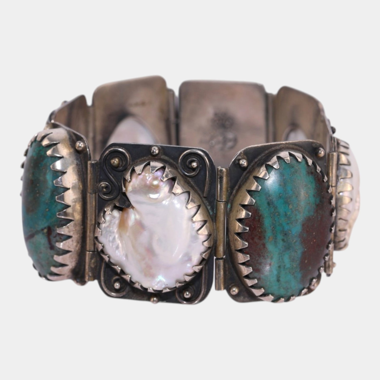 Mexican Mid Century Modern Sterling Silver 925 Turquoise & Baroque Pearl Panel Link Bracelet: Professional, fast, and affordable in house shipping available for all items.For higher resolution images please visit www.bid.craftedauctions.com Boldly handcrafted and richly organic, this Mexican s