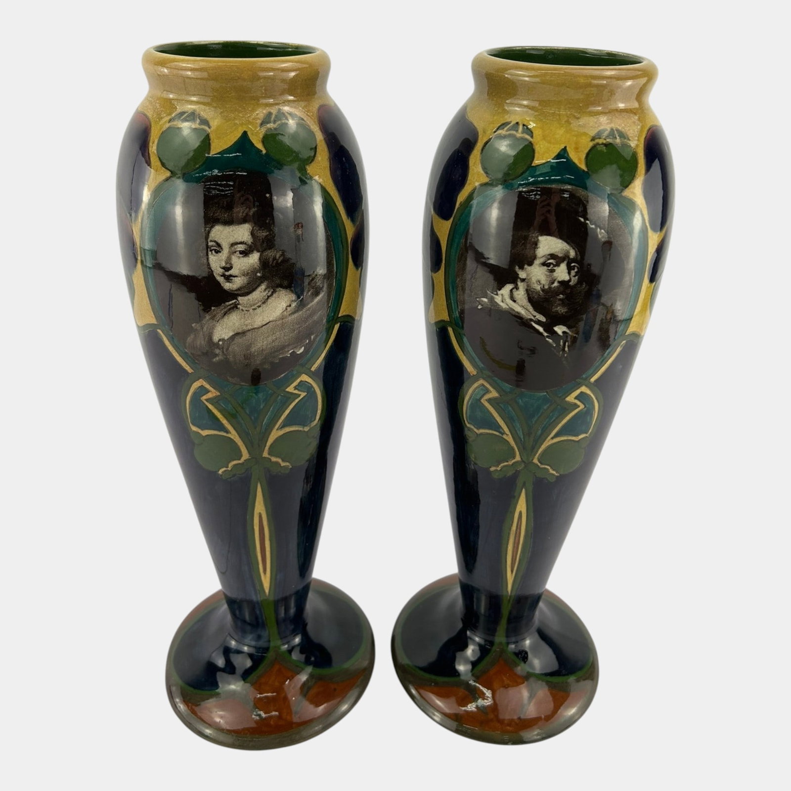 Gouda Zuid Holland Dutch Art Pottery Green Yellow Portrait Art Nouveau 17" Tall Floor Vases (1 of 7)