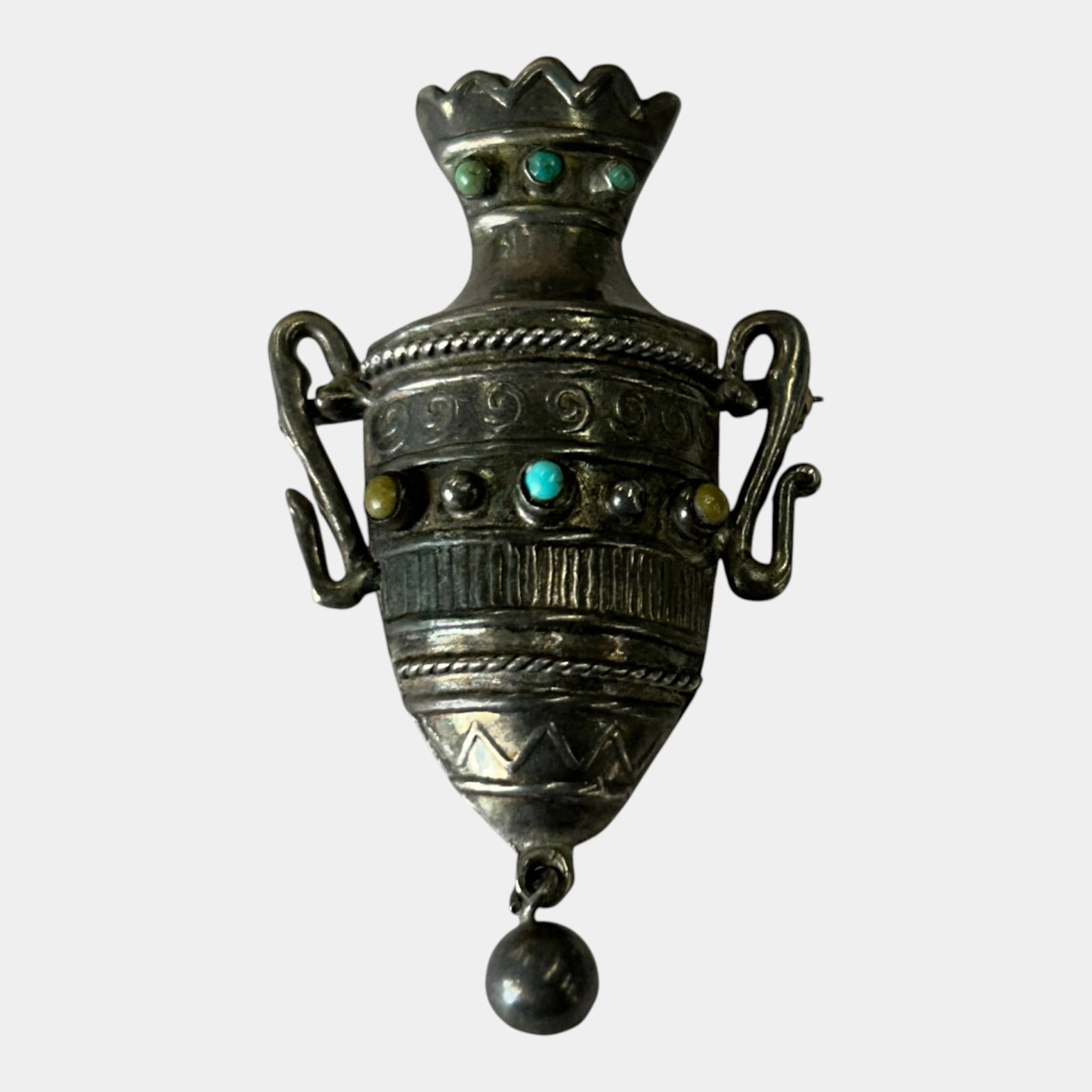 Sterling Silver Mexico Mid Century Turquoise Cabochon Amphora Urn Form Pendant Brooch: Professional, fast, and affordable in house shipping available for all items.For higher resolution images please visit www.bid.craftedauctions.com Excellent condition. Age related wear. Tested and gua