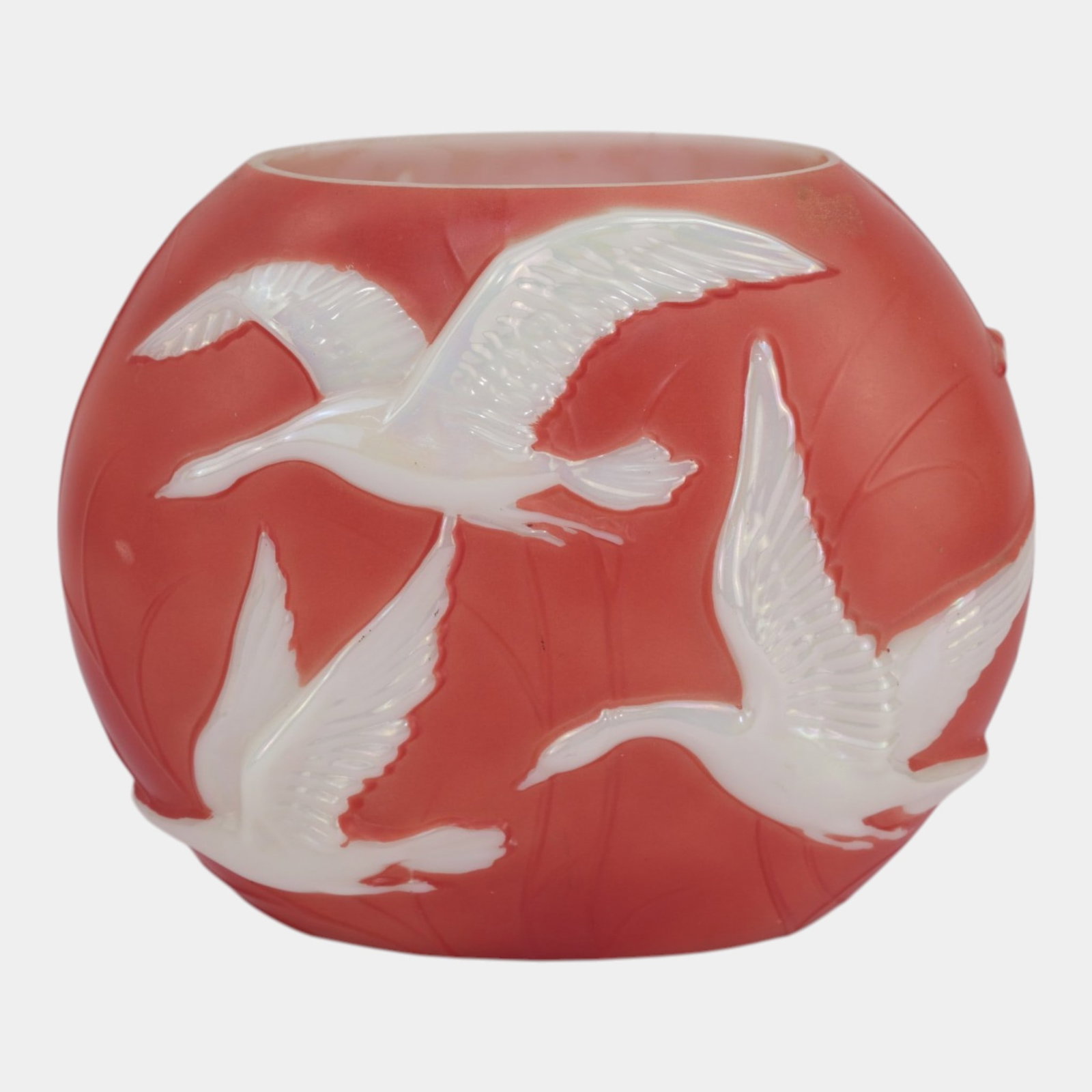 Phoenix Art Deco Light Red Pearlized White Flying Geese In Relief Sculptural Art Glass Vase: Professional, fast, and affordable in house shipping available for all items.For higher resolution images please visit www.bid.craftedauctions.com Phoenix Art Deco Light Red Pearlized White Flying Gee