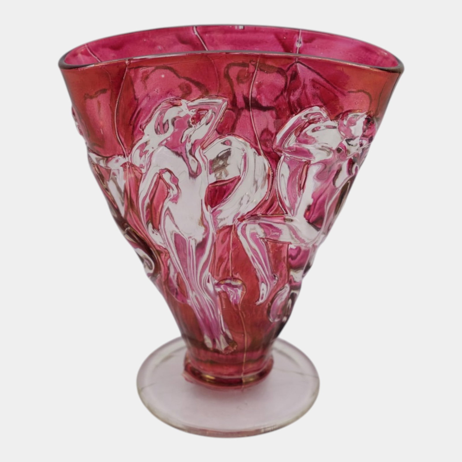 Consolidated Glass Co. Art Deco Ruby Stain Dancing Nudes Nymphs Footed Fan Vase: Professional, fast, and affordable in house shipping available for all items.For higher resolution images please visit www.bid.craftedauctions.com Consolidated Glass Co. Art Deco Ruby Stain Dancing Nu