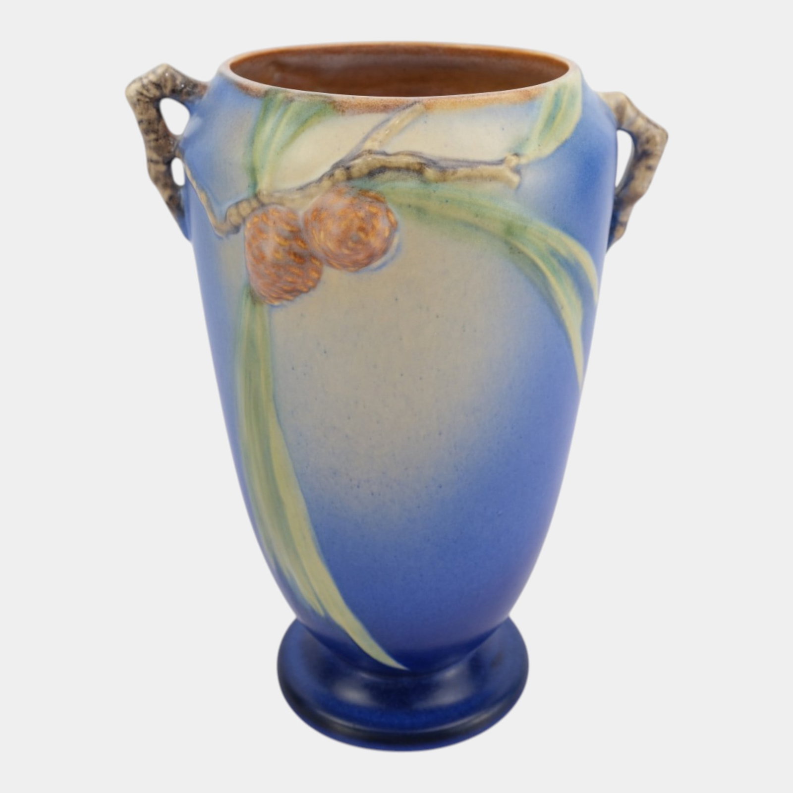 Roseville Pine Cone Blue 1936 Vintage Art Pottery Ceramic Handled Vase 709-10 (1 of 7)