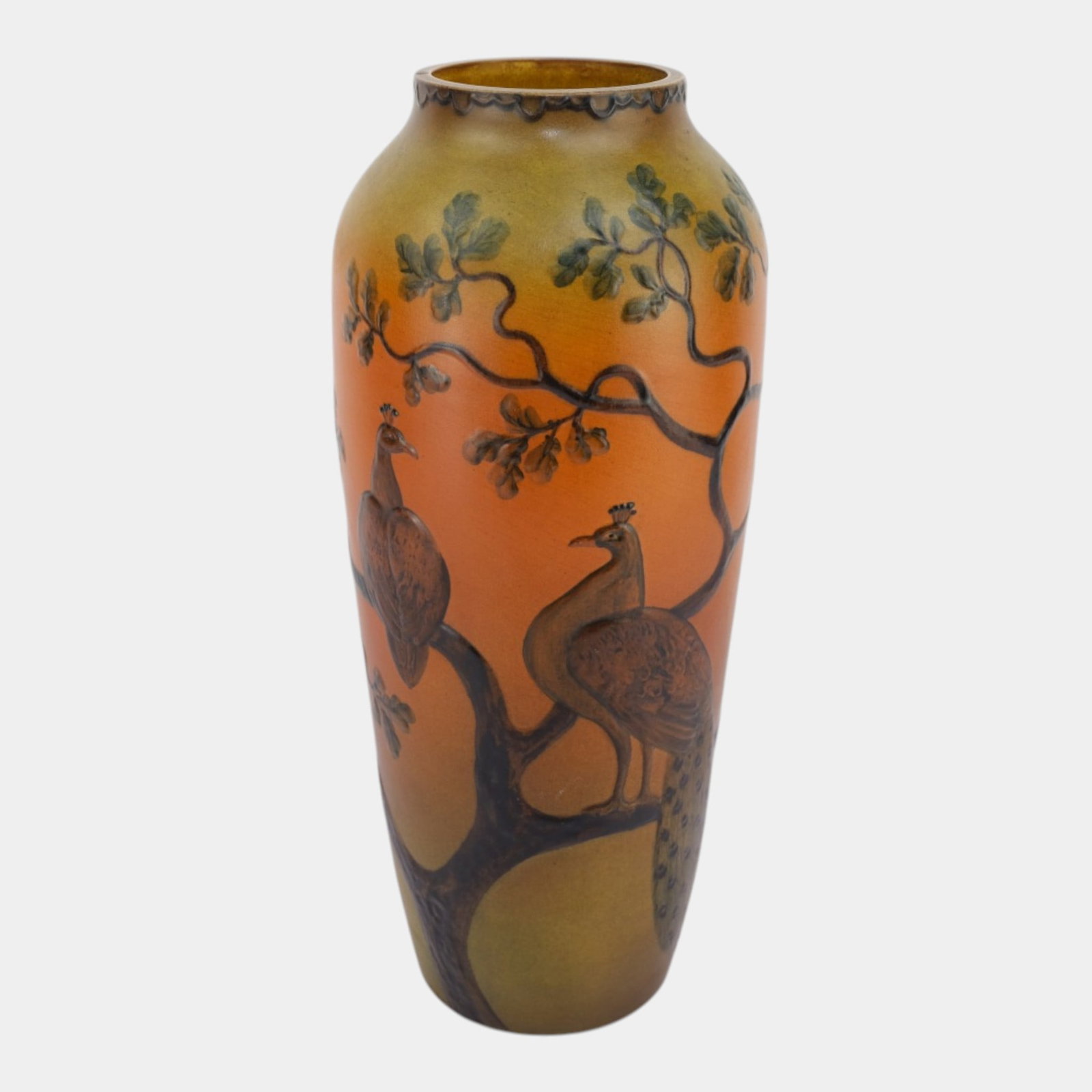 Peter Ipsen Denmark 1920s Art Nouveau Orange Green Peacock In Tree 13" Tall Vase 766: Professional, fast, and affordable in house shipping available for all items.For higher resolution images please visit www.bid.craftedauctions.com Peter Ipsen Denmark 1920s Art Nouveau Orange Green Pe