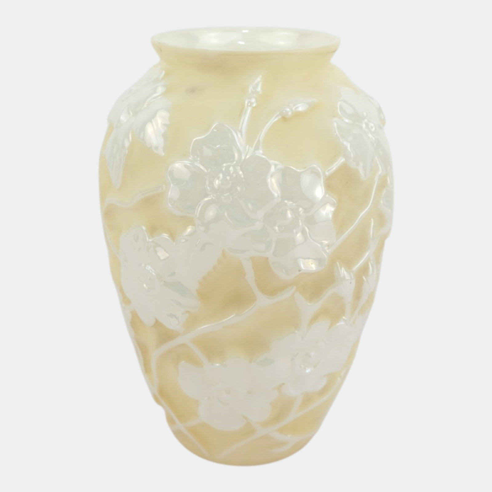 Phoenix Consolidated 1930s Light Yellow Pearlized Milk Glass Wild Rose Vase Lamp Base: Professional, fast, and affordable in house shipping available for all items.For higher resolution images please visit www.bid.craftedauctions.com Phoenix Consolidated 1930s Light Yellow Pearlized Mil