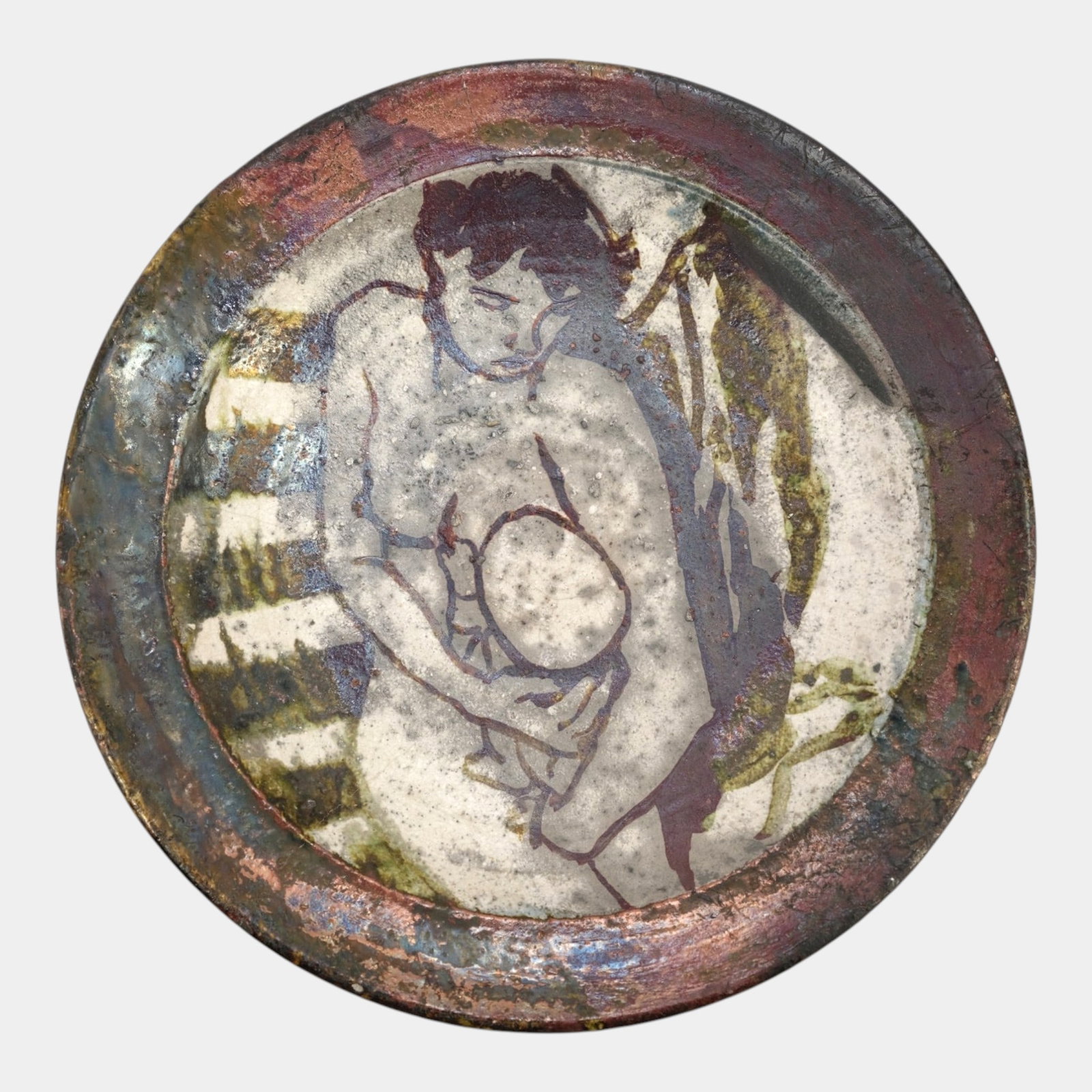 Paul Soldner (American, 1921-2011) Studio Art Pottery Painterly Mother Child Motif Raku Charger (1 of 8)