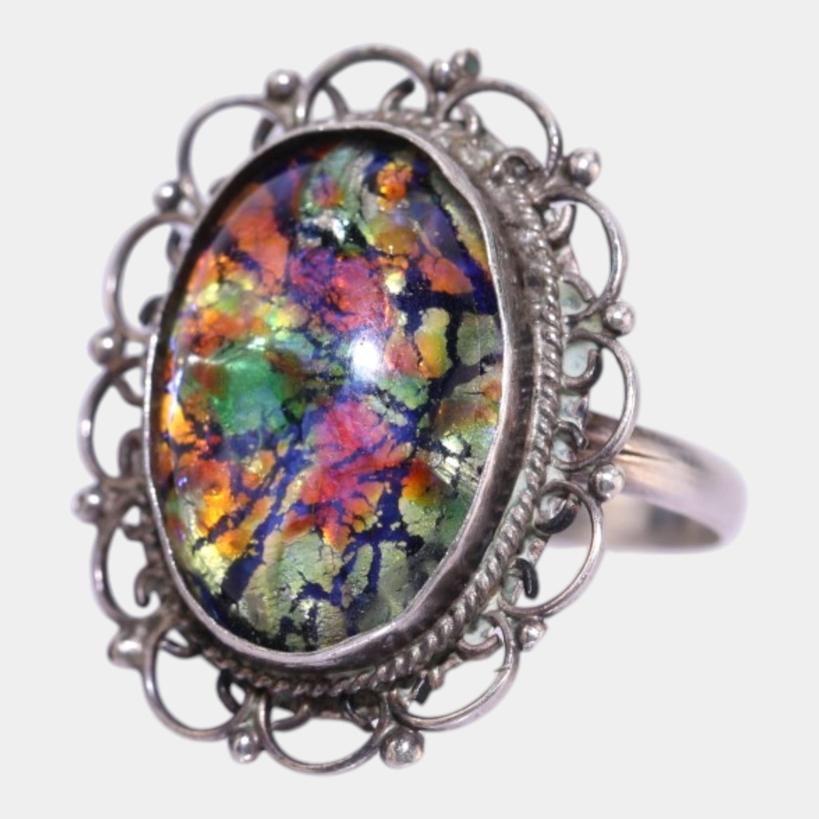 Taxco Mexico 1940s ARL Sterling Silver 925 Rainbow Fire Opal Mid Century Modernist Ring Size 6.25: Professional, fast, and affordable in house shipping available for all items.For higher resolution images please visit www.bid.craftedauctions.com Boldly iridescent and intricately detailed, this ster