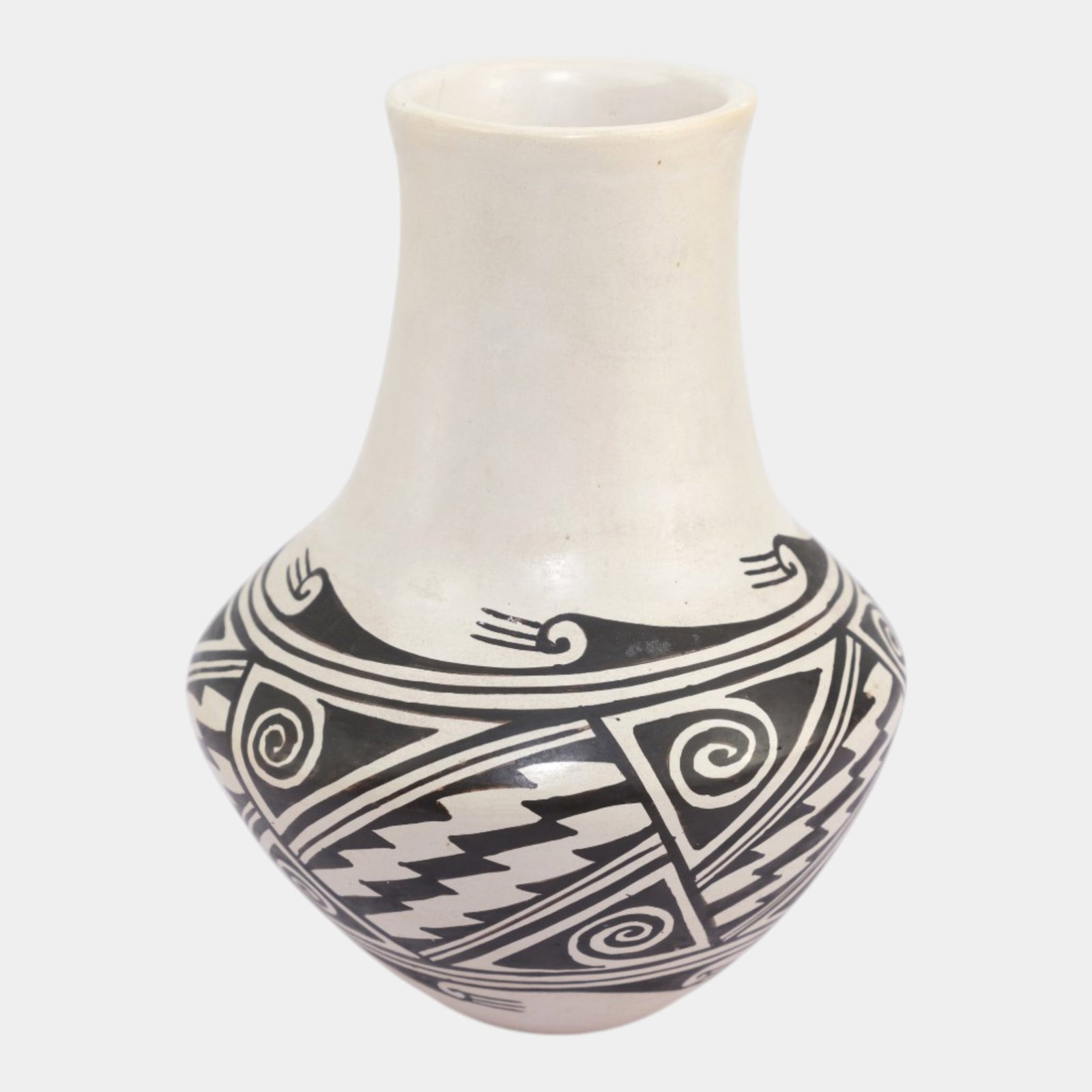 Helen Naha "Feather Woman" Hopi Native American Art Pottery White Vase With Black Geometric Design: Professional, fast, and affordable in house shipping available for all items.For higher resolution images please visit www.bid.craftedauctions.com Helen Naha "Feather Woman" Hopi Native American Art P