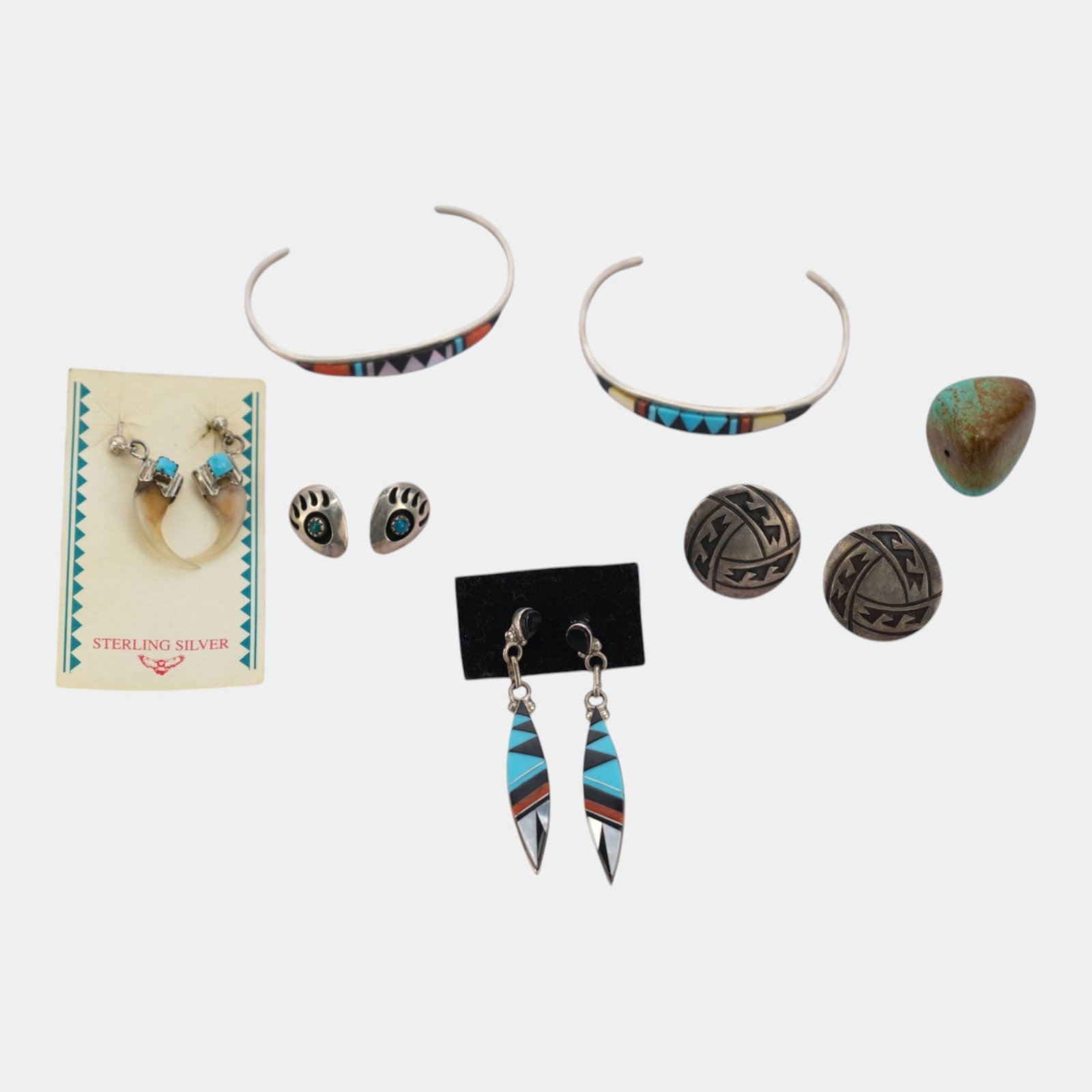 Native American Zuni Sterling Silver Stone Inlaid Cuff Bracelets Earrings Stone Pendant, & More: Professional, fast, and affordable in house shipping available for all items.For higher resolution images please visit www.bid.craftedauctions.com Colorfully handcrafted and distinctly Southwestern, t