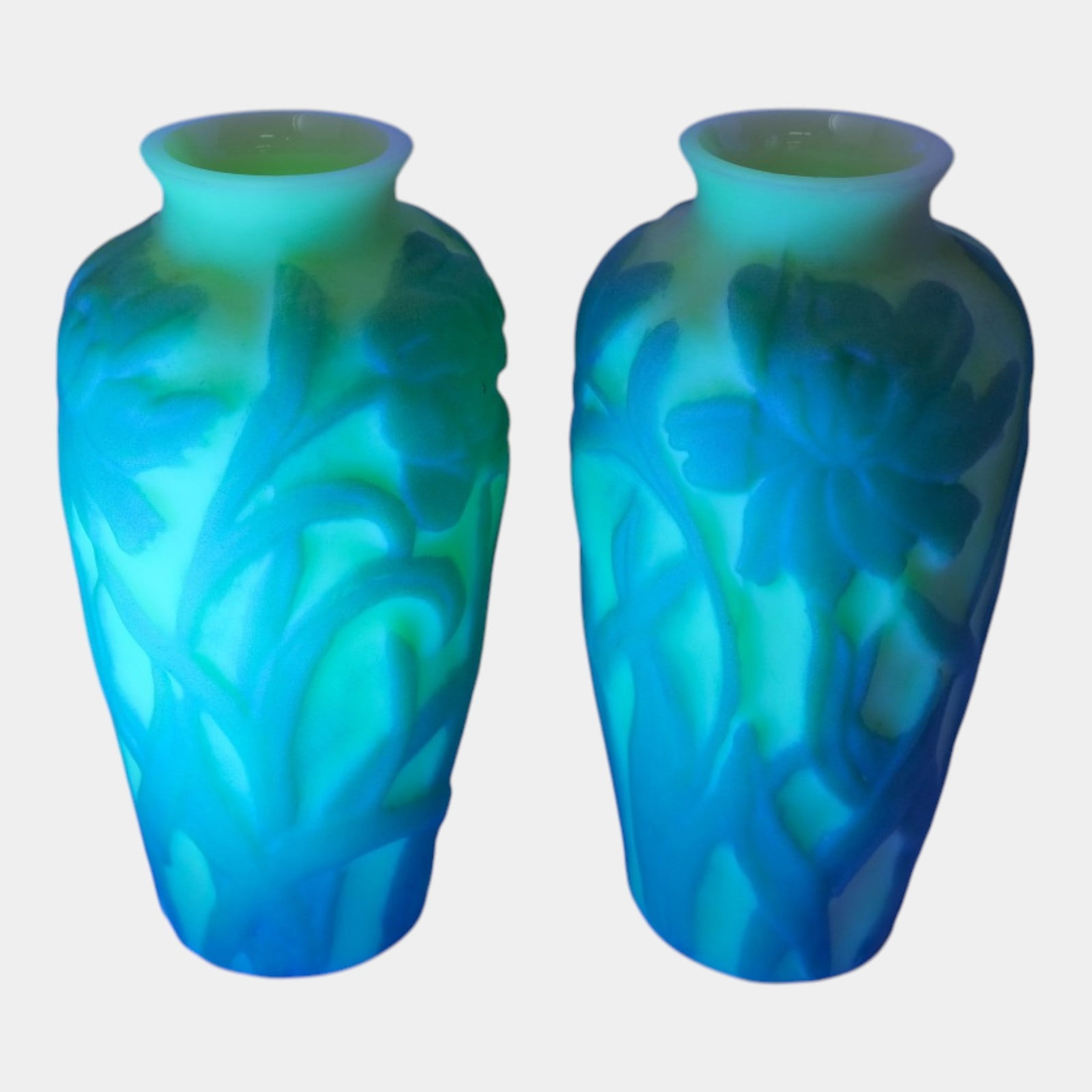 Consolidated Glass Co. Early 1900s Satin Blue & Uranium Custard Jonquil In Relief Art Glass Vases: Professional, fast, and affordable in house shipping available for all items.For higher resolution images please visit www.bid.craftedauctions.com Consolidated Glass Co. Early 1900s Satin Blue & Urani