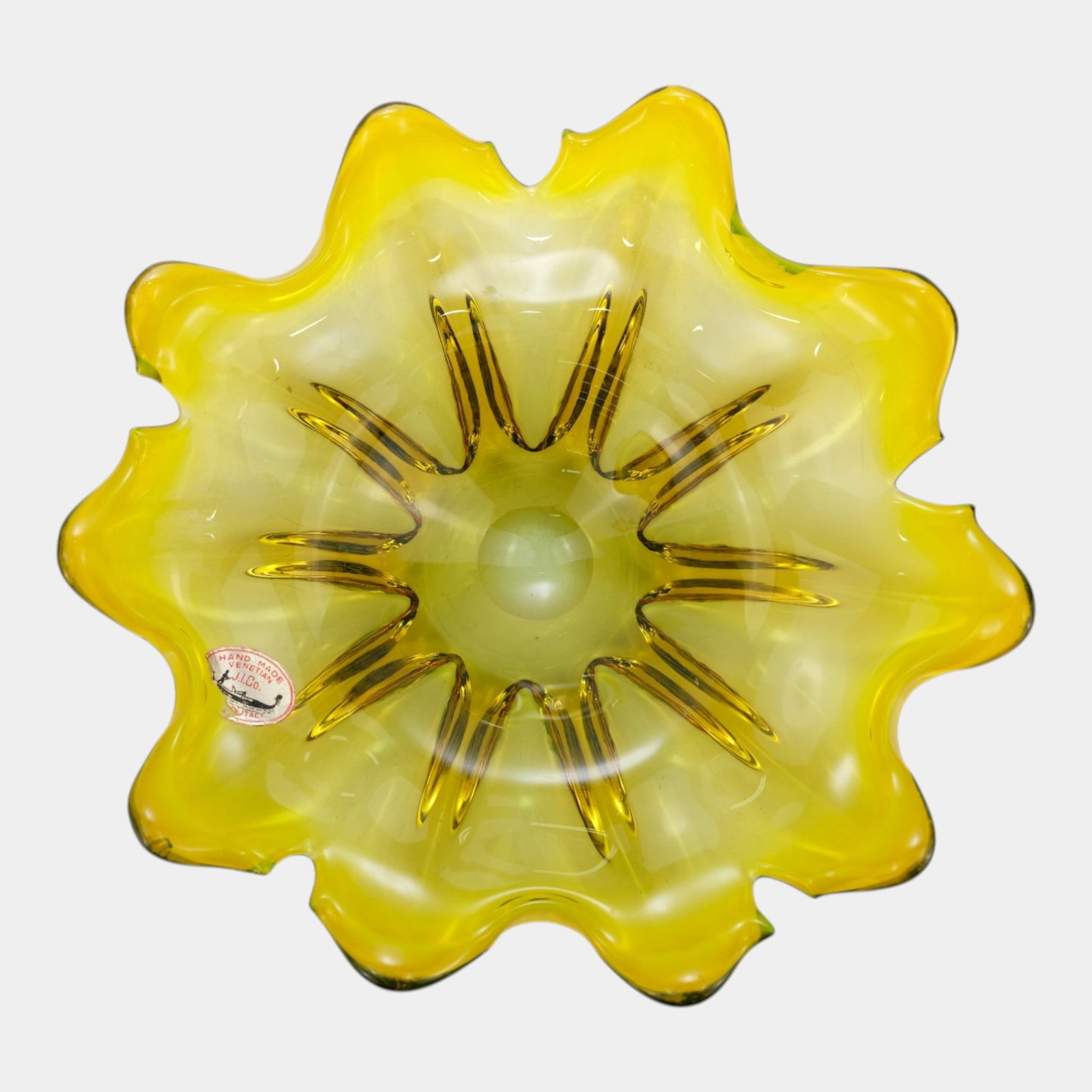 J.I. Co. Venetian Italian Mid Century Modern Chartreuse Yellow Figural Flower Curled Petal Bowl: Professional, fast, and affordable in house shipping available for all items.For higher resolution images please visit www.bid.craftedauctions.com J.I. Co. Venetian Italian Mid Century Modern Chartreu