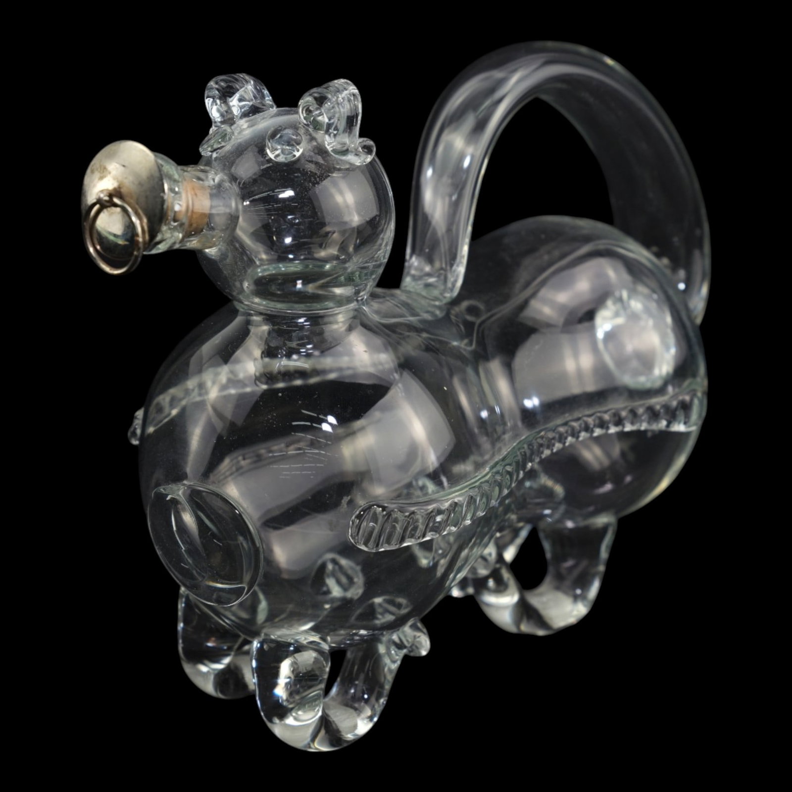 Victorian Hand Blown Clear Art Glass Figural Animal Decanter Bottle With Applied Handle Stopper: Professional, fast, and affordable in house shipping available for all items.For higher resolution images please visit www.bid.craftedauctions.com Victorian Hand Blown Clear Art Glass Figural Animal D
