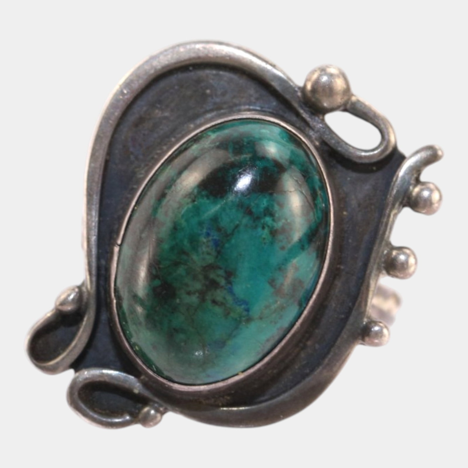 Paul Miller 1950s New York Studio Mid Century Modernist Turquoise Cabochon Sterling Silver Ring: Professional, fast, and affordable in house shipping available for all items.For higher resolution images please visit www.bid.craftedauctions.com Boldly sculptural and distinctly modernist, this vint
