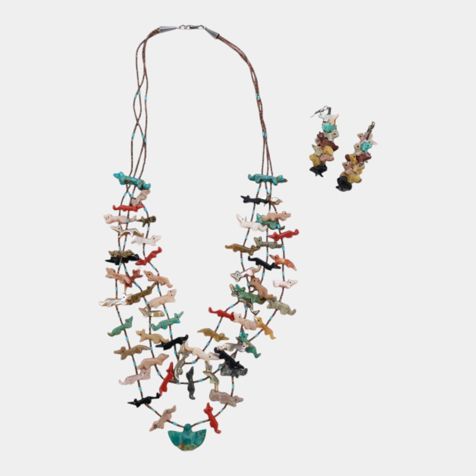 Southwestern Native American Carved Stone Animal Fetish Necklace & Matching Earring Jewelry Set: Professional, fast, and affordable in house shipping available for all items.For higher resolution images please visit www.bid.craftedauctions.com Colorfully handcrafted and distinctly Southwestern in