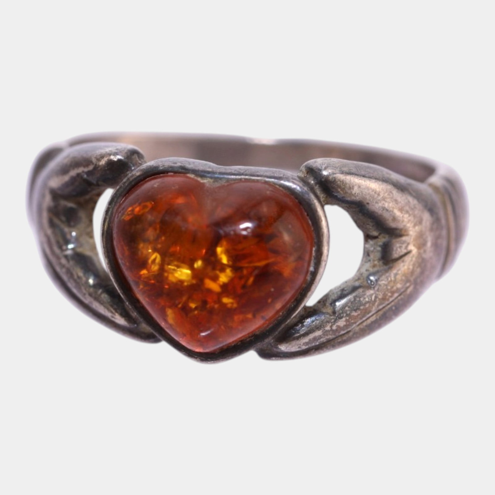 Sterling Silver 925 Baltic Amber Heart Ring With Organic Modernist Bypass Design Size 6.75: Professional, fast, and affordable in house shipping available for all items.For higher resolution images please visit www.bid.craftedauctions.com Excellent condition. Age related wear. Marked as show