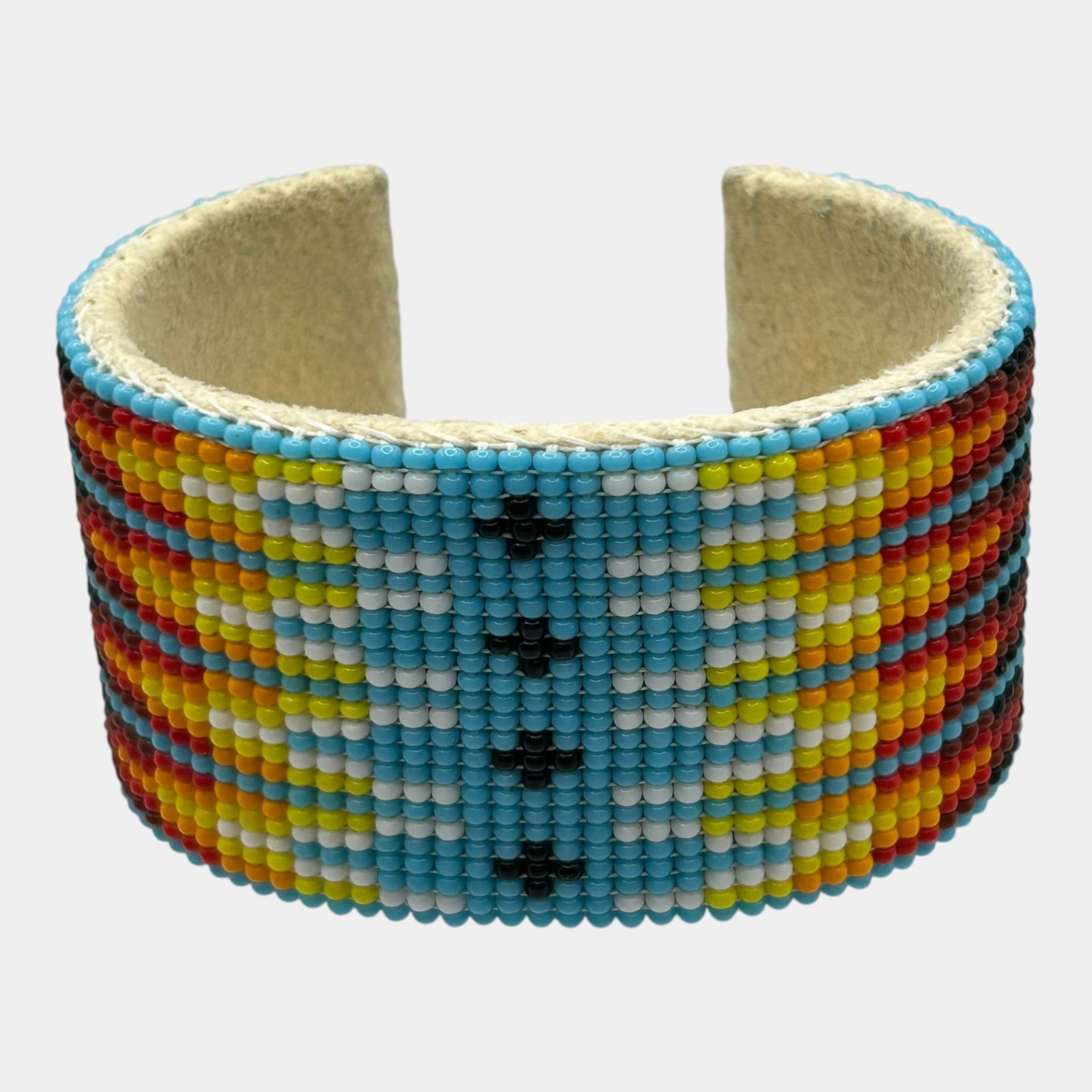 Native American Hand Beaded Cuff Bracelet Turquoise Red Yellow Geometric Design (1 of 3)