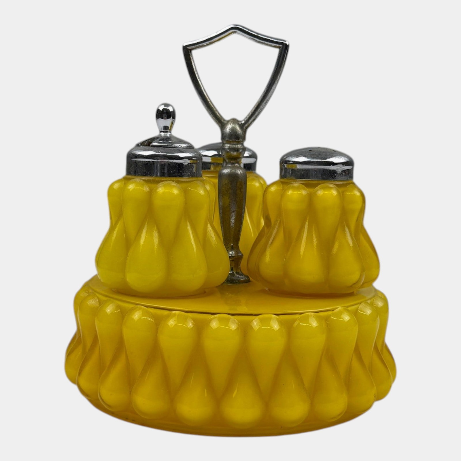 Fenton Art Glass Co. Goldenrod Hobnail Teardrop Condiment Set Salt, Pepper, Mustard, & Tray (1 of 6)