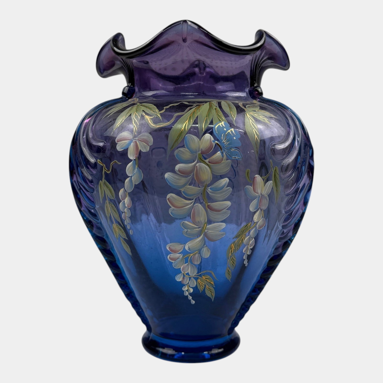 Martha Reynolds For Fenton Glass Co. 1997 Family Signature Series Mulberry Hand Painted Wisteria: Professional, fast, and affordable in house shipping available for all items.For higher resolution images please visit www.bid.craftedauctions.com Martha Reynolds For Fenton Glass Co. 1997 Family Sign