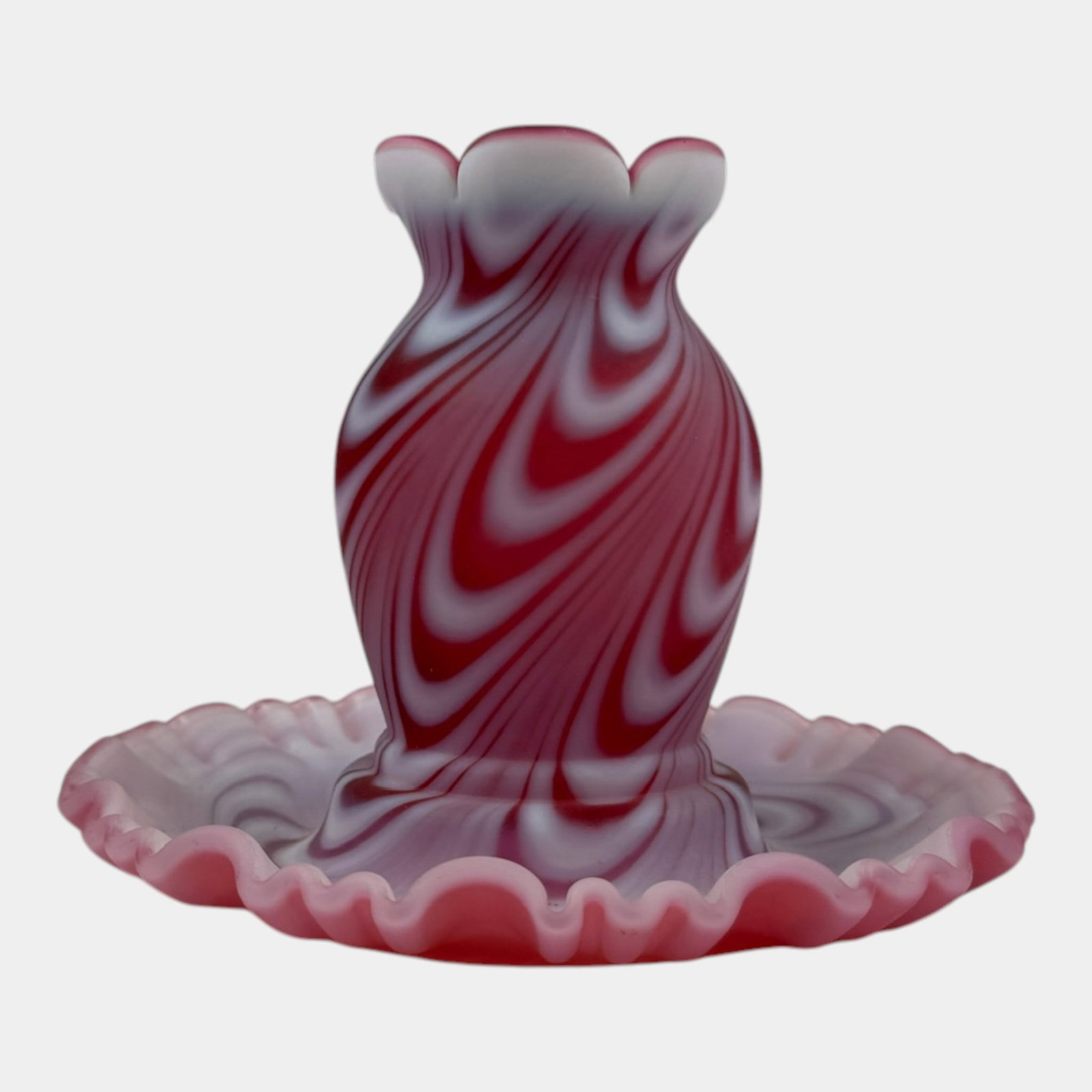Fenton Art Glass Co. Opalescent Cranberry Swirled Feather Hurricane Lamps / Fairy Light: Professional, fast, and affordable in house shipping available for all items.For higher resolution images please visit www.bid.craftedauctions.com Fenton Art Glass Co. Opalescent Cranberry Swirled Fea