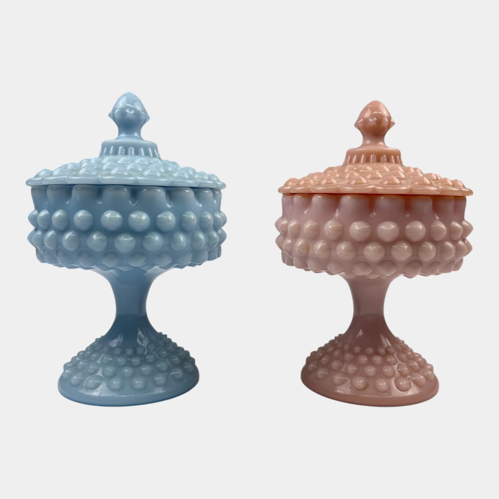 Fenton Art Glass Co. 1950s Pastel Pink & Blue Milk Glass Hobnail Candy Dish Compote With Lids: Professional, fast, and affordable in house shipping available for all items.For higher resolution images please visit www.bid.craftedauctions.com Fenton Art Glass Co. 1950s Pastel Pink & Blue Milk Gl