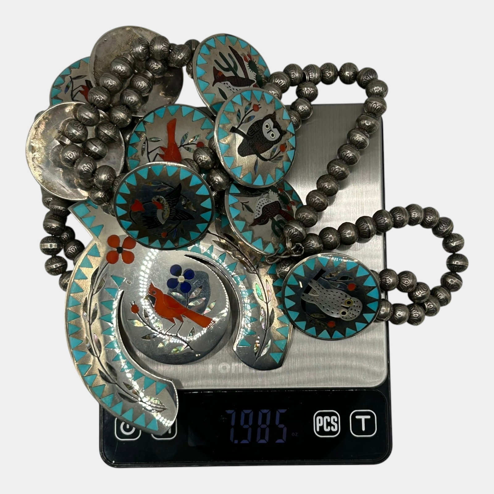 Dennis & Nancy Edaakie Zuni Native American Sterling Cardinal & Other Bird Inlay Squash Blossom - 4