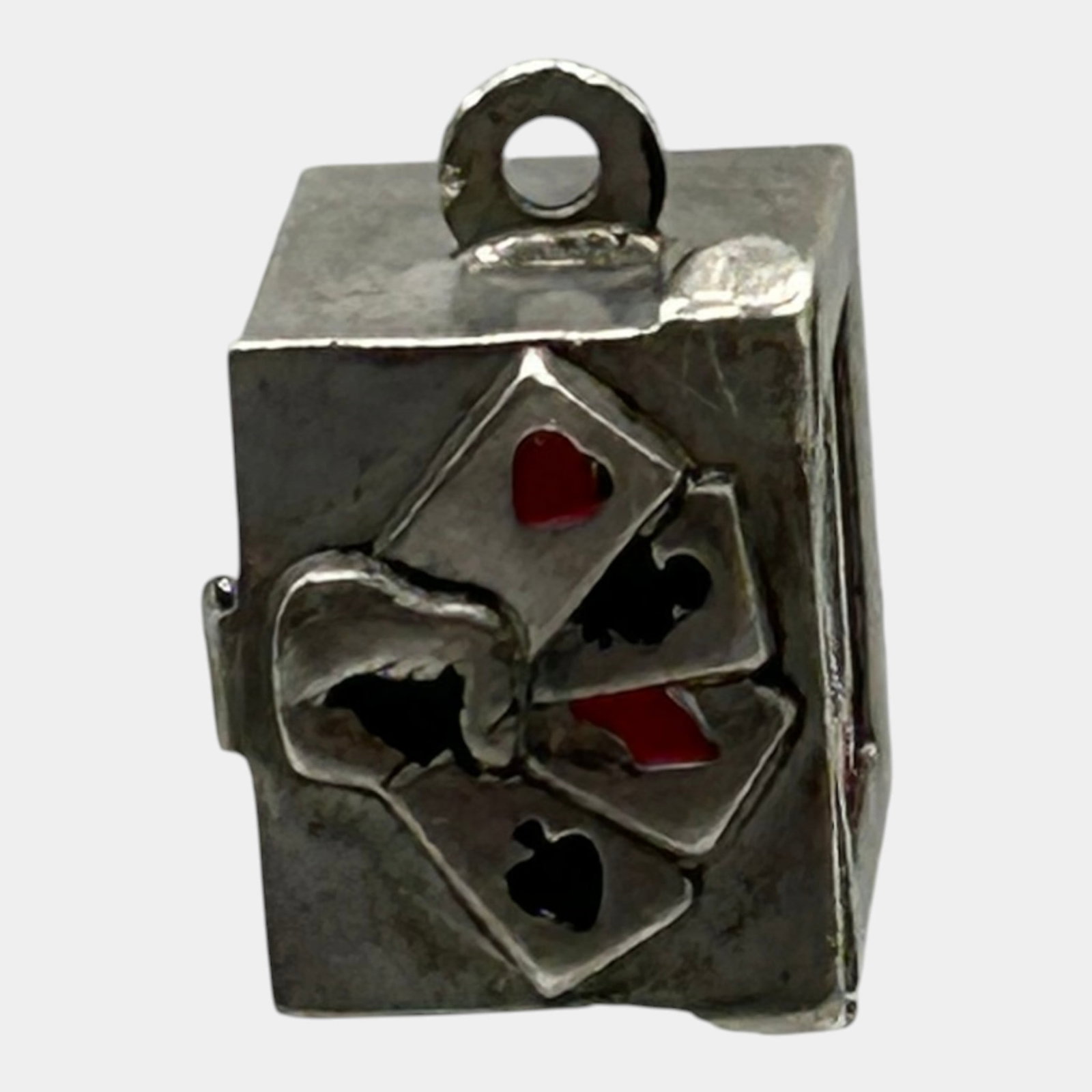 J.M. Fisher 1950s Mid Century Sterling Silver & Enamel Deck Of Cards Charm With Cards: Professional, fast, and affordable in house shipping available for all items.For higher resolution images please visit www.bid.craftedauctions.com Whimsical J.M. Fisher sterling silver charm pendant d