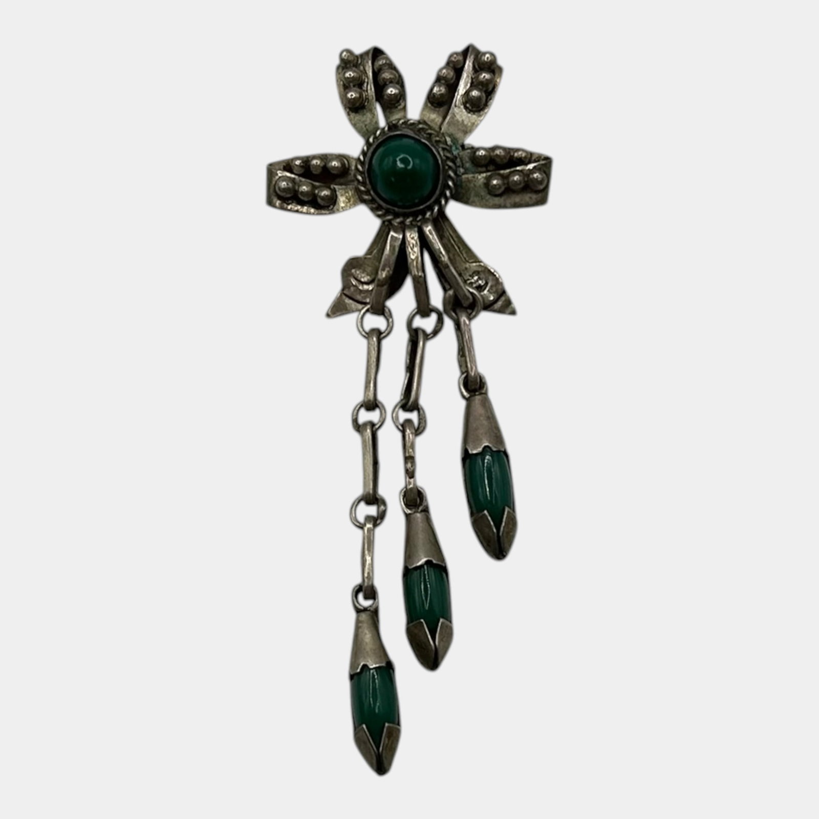 Mexico Sterling Silver 925 & Malachite Dangle Brooch With Star Form And Hanging Drops: Professional, fast, and affordable in house shipping available for all items.For higher resolution images please visit www.bid.craftedauctions.com Distinctive Mexican sterling silver brooch featuring 