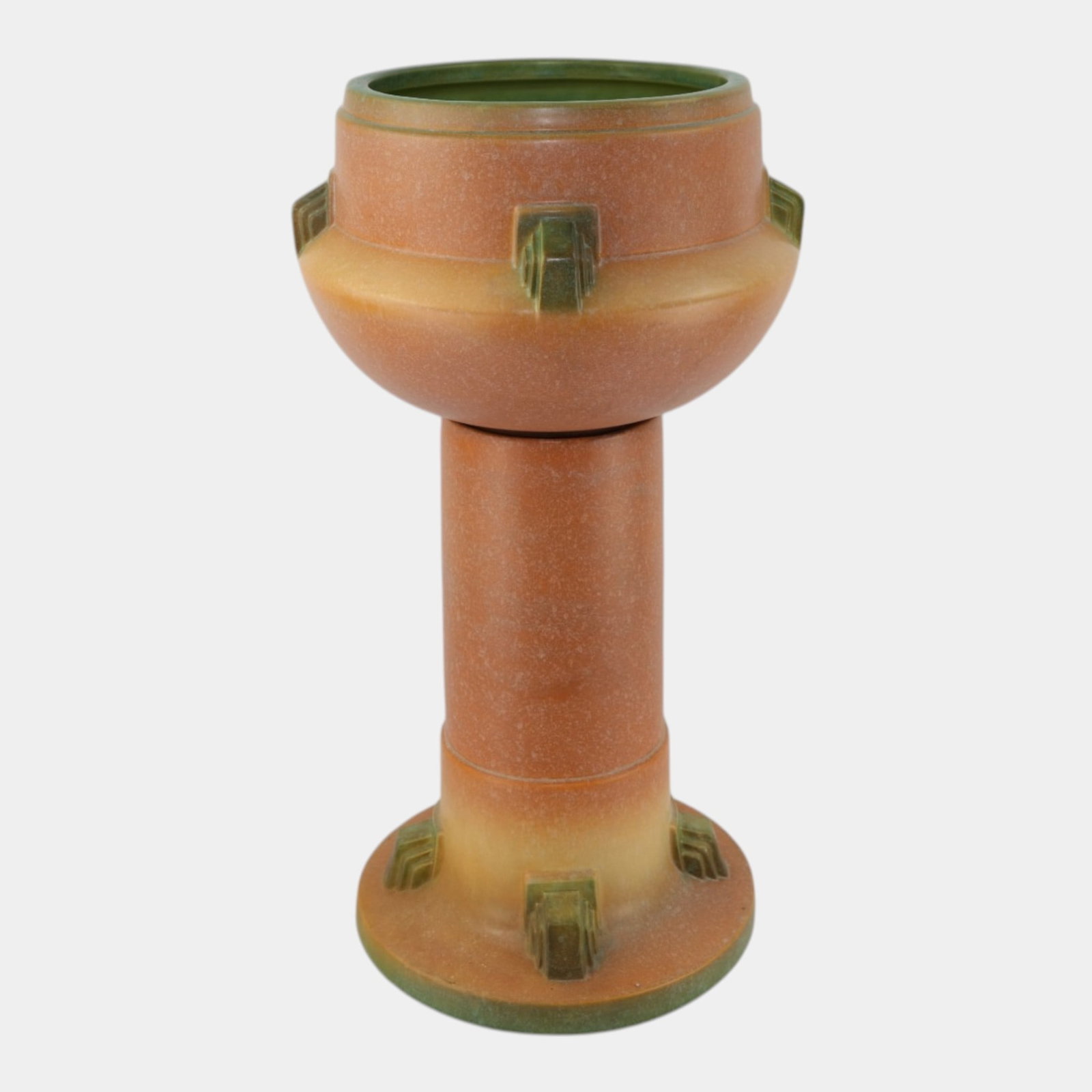 Roseville Pottery Artcraft 1933 Tan Green Art Deco Large Jardiniere and Pedestal 629-10: Professional, fast, and affordable in house shipping available for all items.For higher resolution images please visit www.bid.craftedauctions.com Roseville Pottery Artcraft 1933 Tan Green Art Deco La