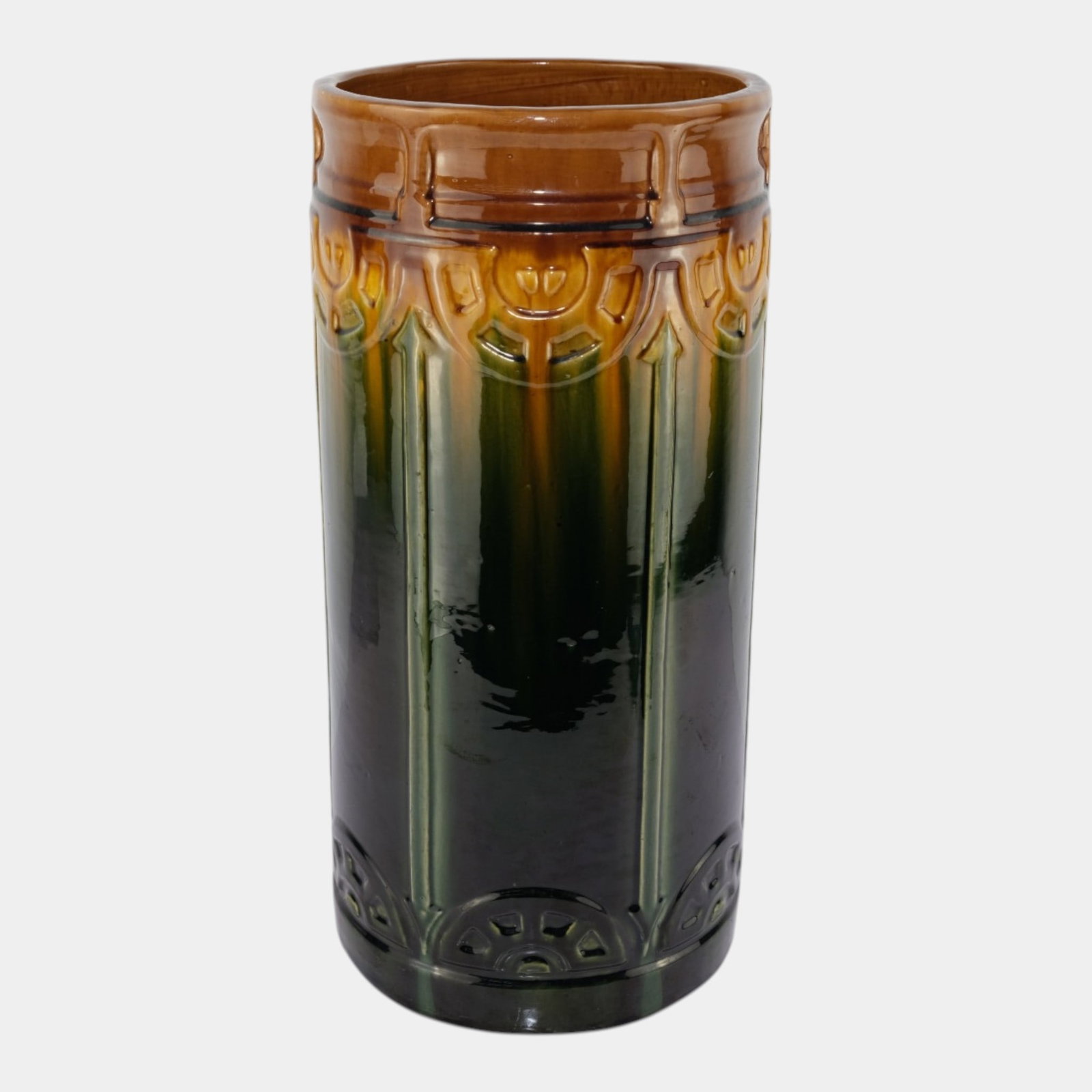 Brush McCoy Early 1900s Blended Majolica Brown Green Art Pottery Umbrella Stand (1 of 6)