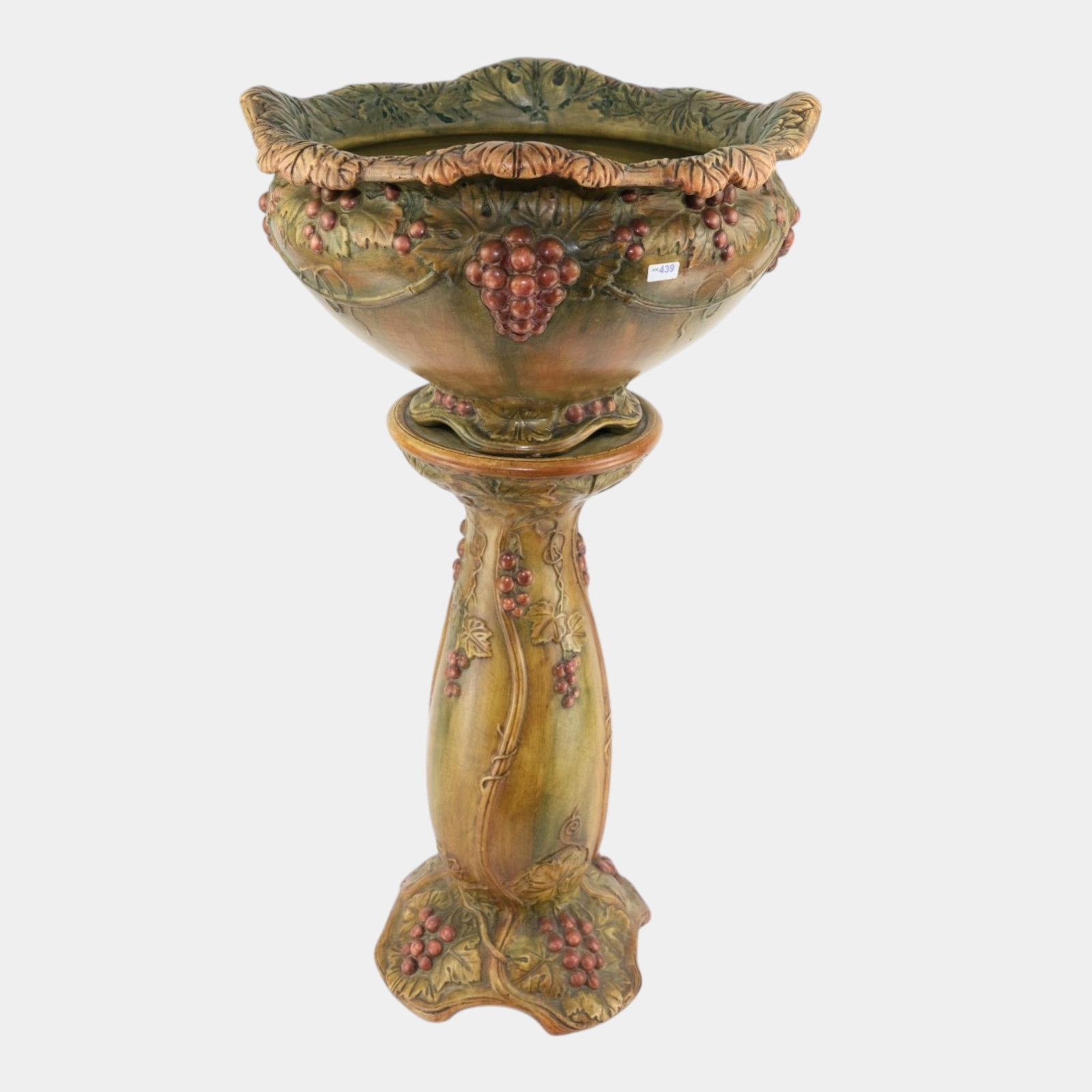 Weller Flemish 1920s Brown Green "Grapevine" Art Pottery Leaves And Berries Jardiniere And Pedestal: Professional, fast, and affordable in house shipping available for all items.For higher resolution images please visit www.bid.craftedauctions.com Weller Flemish 1920s Brown Green "Grapevine"