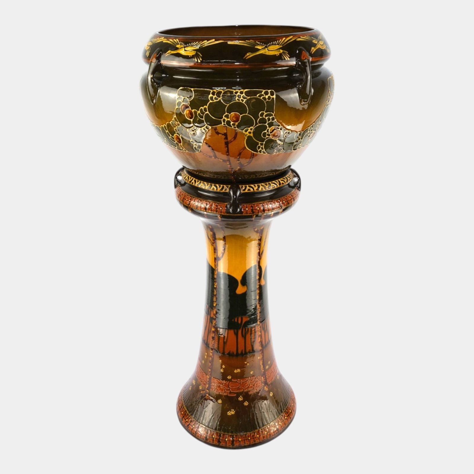 Roseville Decorated Landscape 1907 Art Pottery Ceramic Jardiniere Planter & Pedestal Set 456-14: Professional, fast, and affordable in house shipping available for all items.For higher resolution images please visit www.bid.craftedauctions.com Roseville Decorated Landscape 1907 Art Pottery Cerami