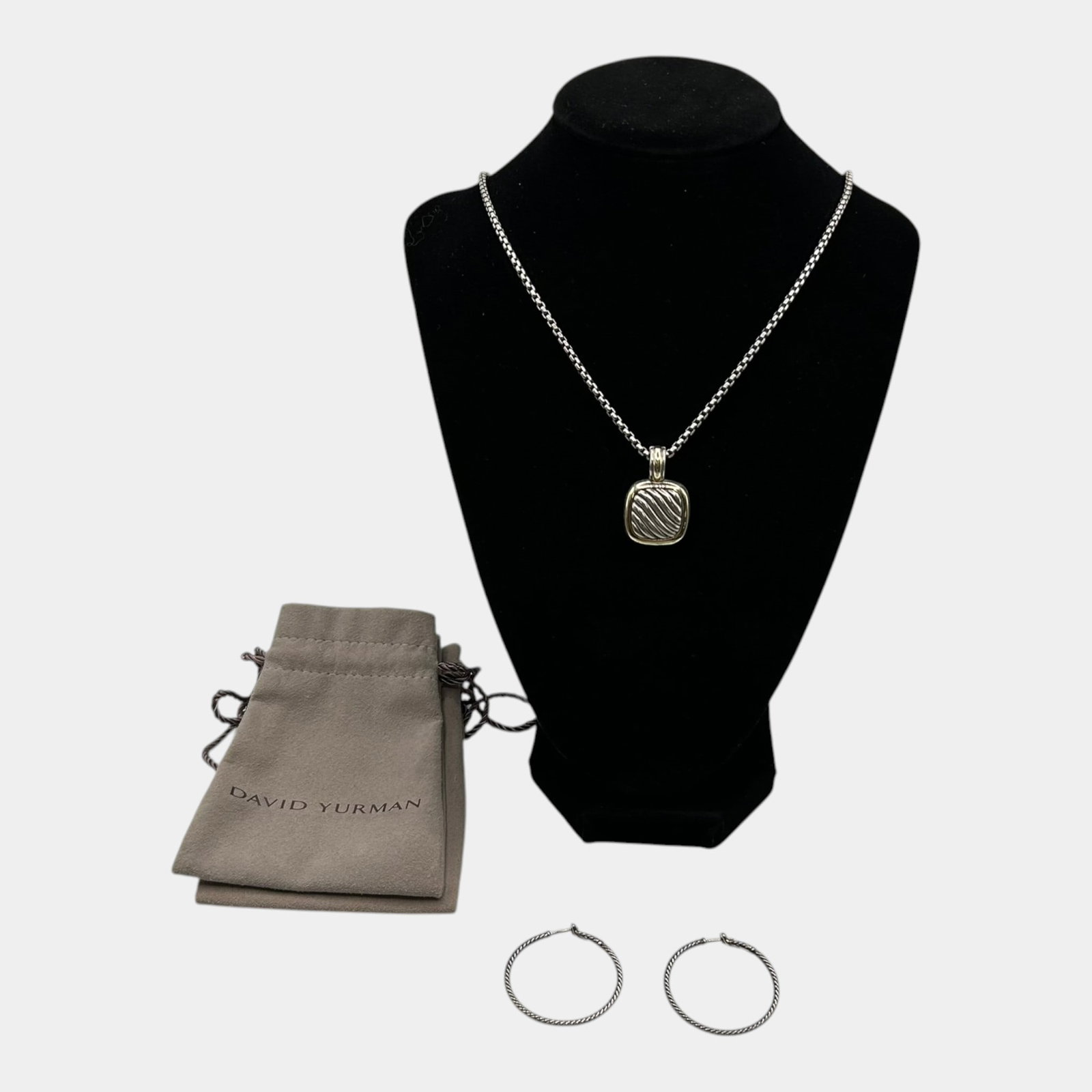 David Yurman Sterling Silver 925 & 18K Yellow Gold Accented Thoroughbred Cable Pendant & Hoop: Professional, fast, and affordable in house shipping available for all items.For higher resolution images please visit www.bid.craftedauctions.com Elegant and timeless, this David Yurman sterling silv