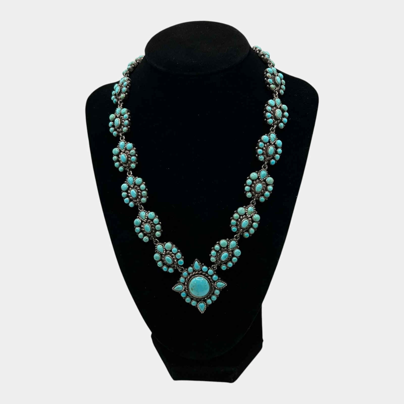 Barse Sterling Silver 925 & Turquoise Cluster Statement Necklace With Floral Link Design: Professional, fast, and affordable in house shipping available for all items.For higher resolution images please visit www.bid.craftedauctions.com Impressive Barse sterling silver statement necklace f