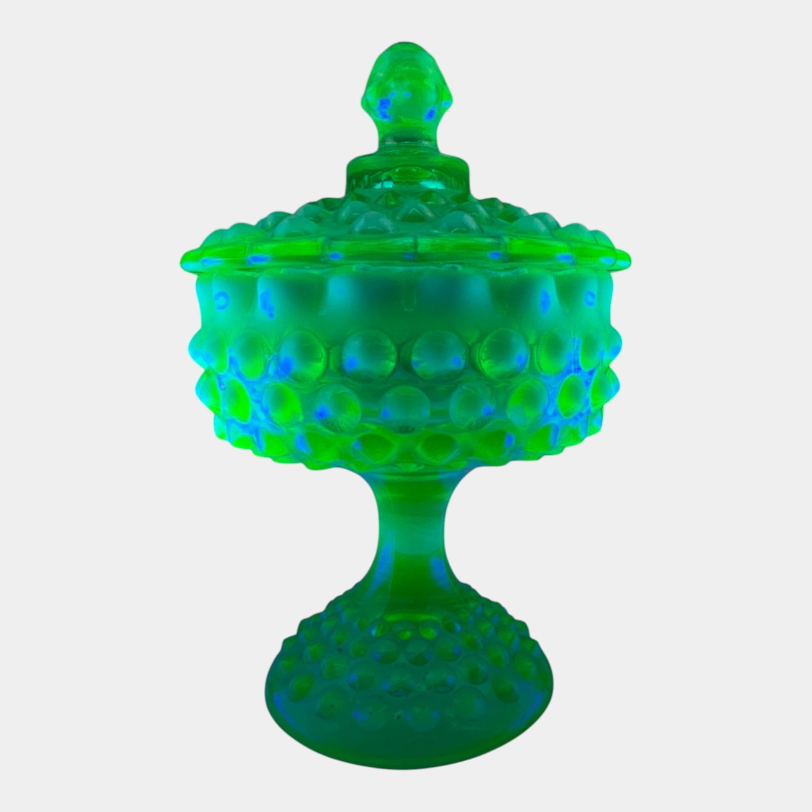 Fenton Art Glass Co. 1950s Emerald Green Opalescent Hobnail Uranium Glass Candy Dish Compote With: Professional, fast, and affordable in house shipping available for all items.For higher resolution images please visit www.bid.craftedauctions.com Fenton Art Glass Co. 1950s Emerald Green Opalescent H